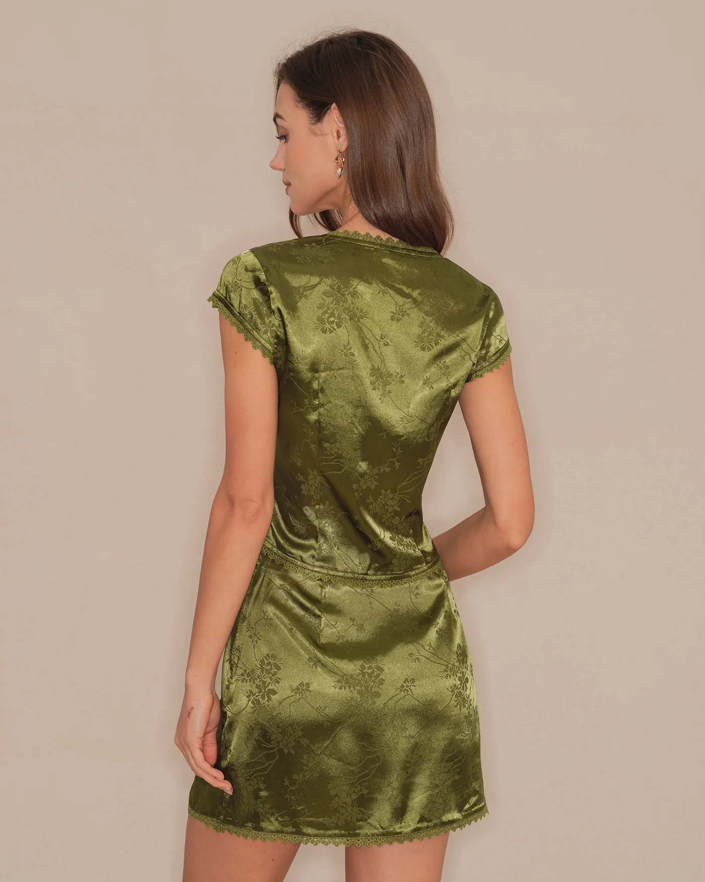 Green V Neck Floral Satin Tee - Image 4