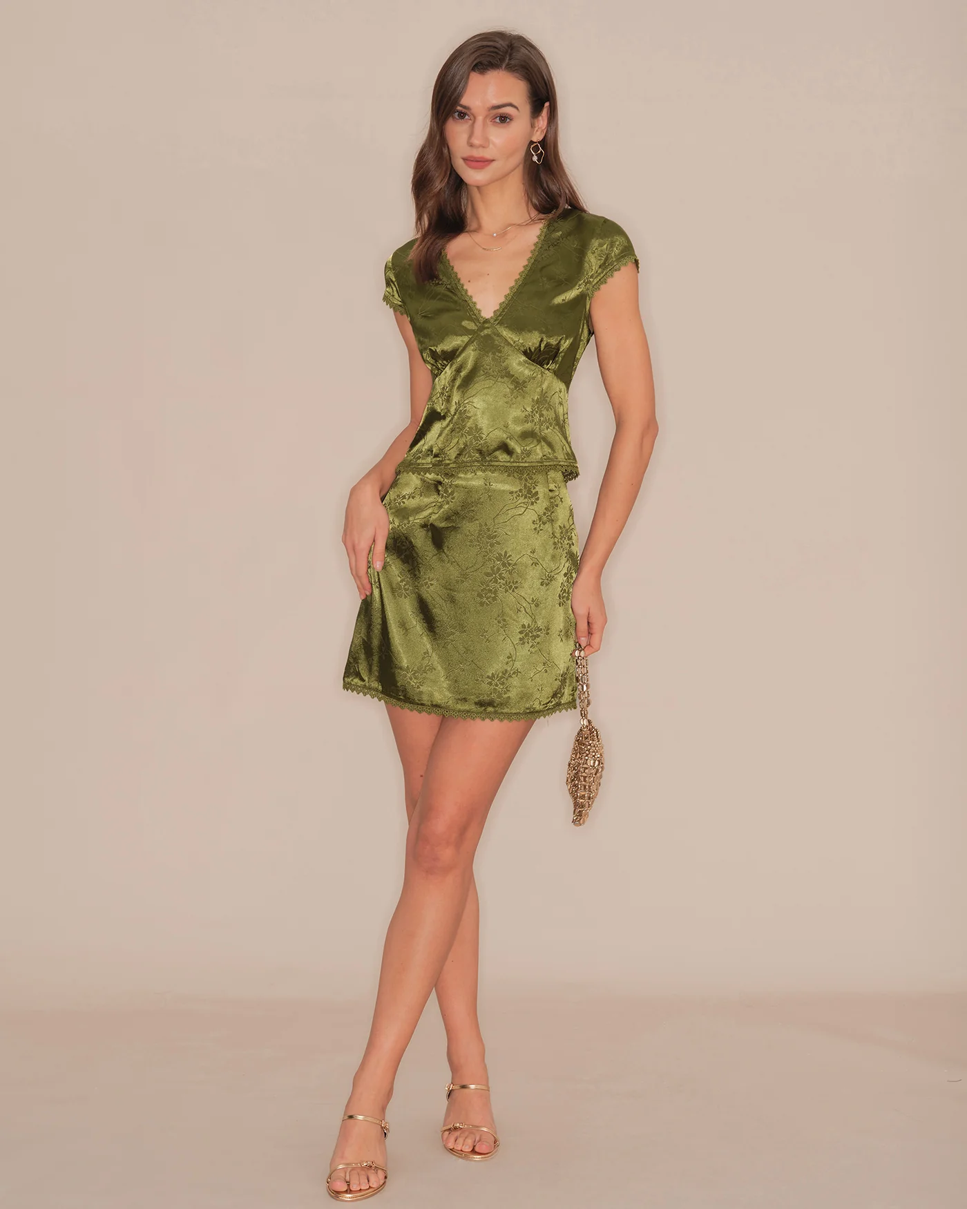 Green V Neck Floral Satin Tee - Image 5