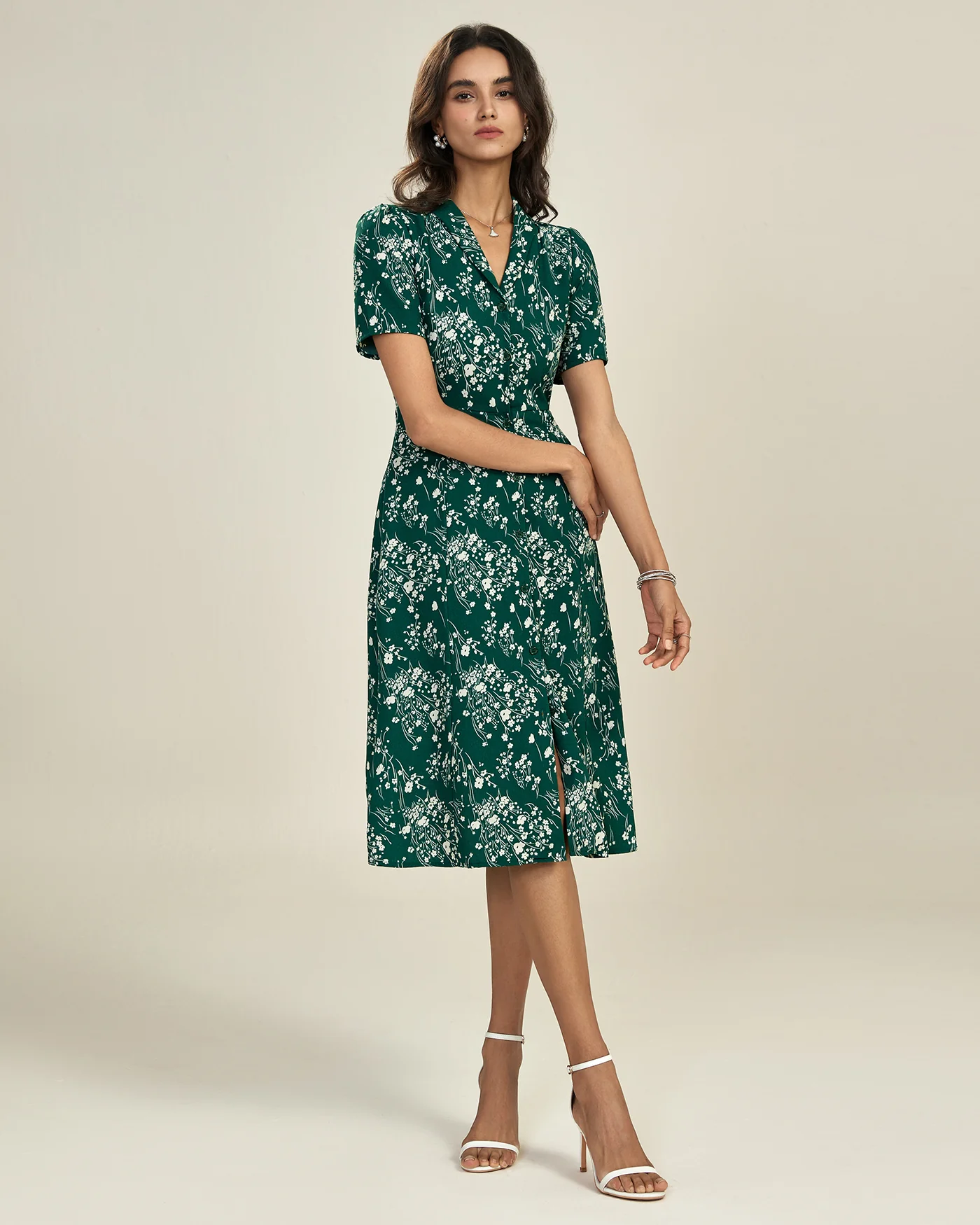 Green V Neck Floral Tunic Midi Dress