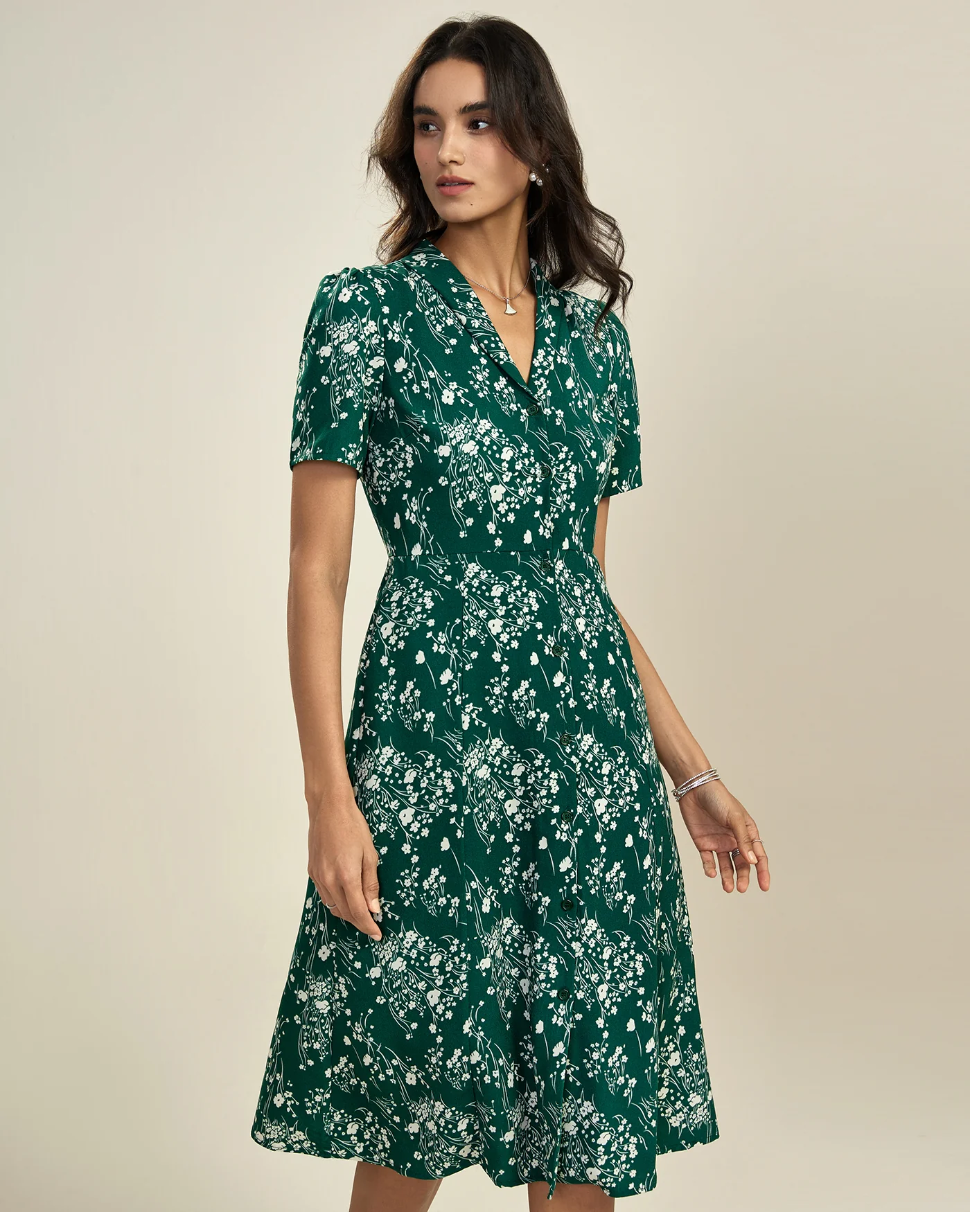 Green V Neck Floral Tunic Midi Dress - Image 3