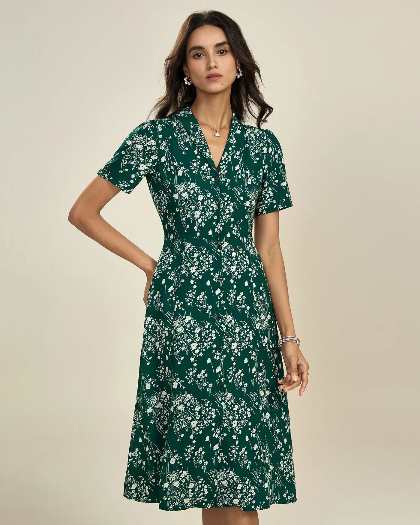 Green V Neck Floral Tunic Midi Dress - Image 4