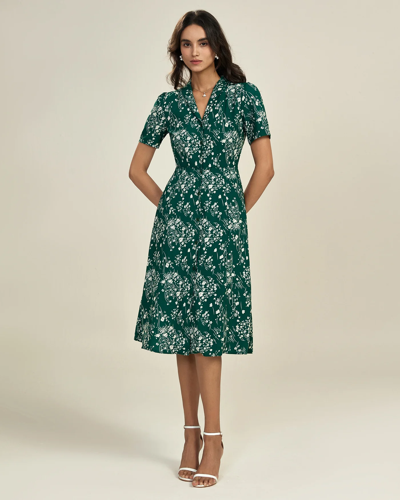 Green V Neck Floral Tunic Midi Dress - Image 5