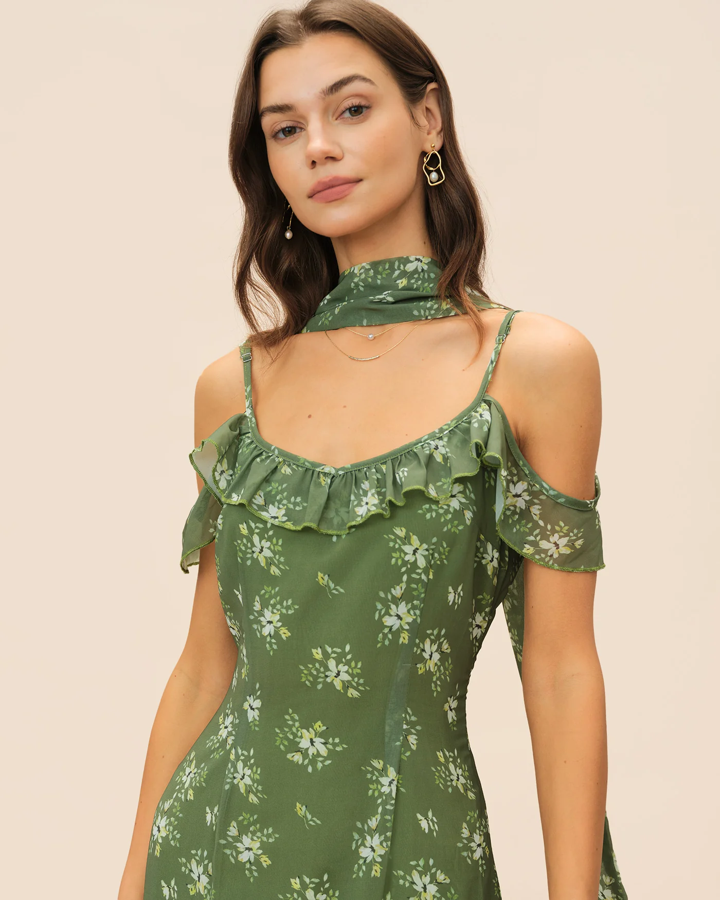 Green V Neck Ruffle Floral Maxi Dress - Image 2