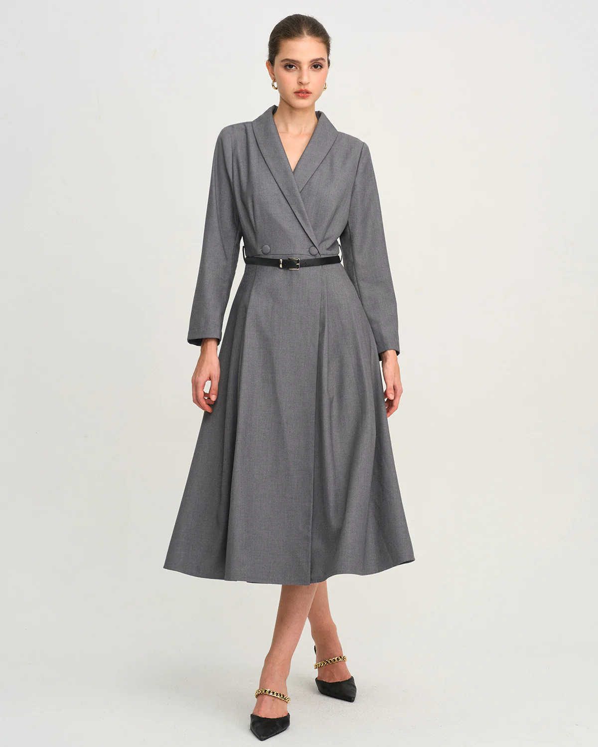 Grey Button A-Line Midi Dress