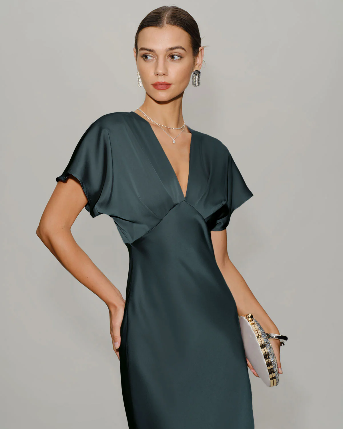 Grey Green Satin Cowl Sleeve Midi Dress - Image 2