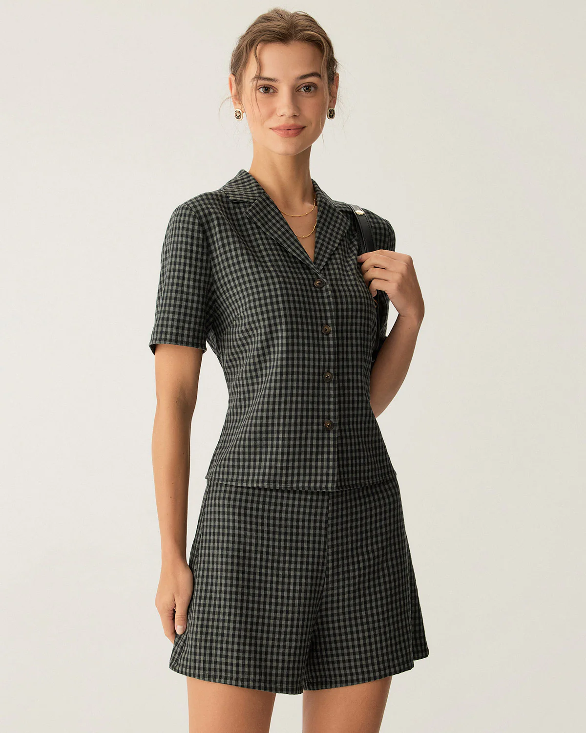 Grey High Waisted Plaid Shorts - Image 3
