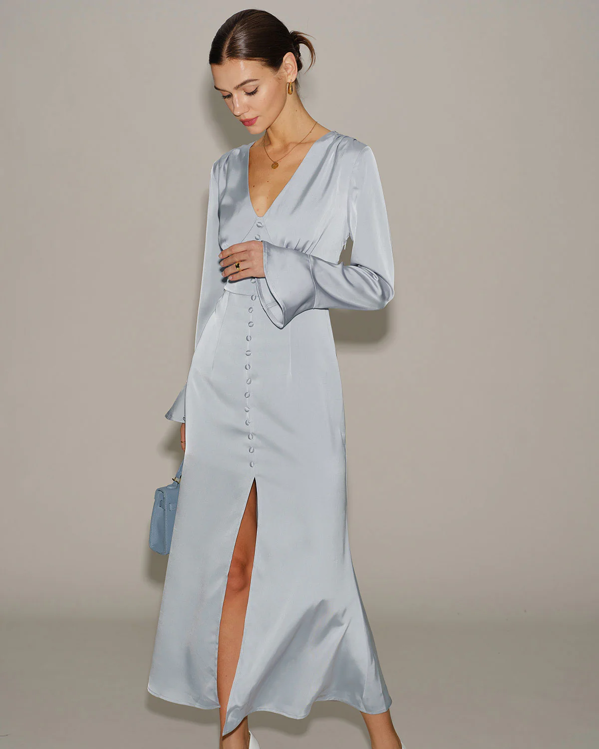 Grey Satin Bell Sleeve Maxi Dress - Image 3
