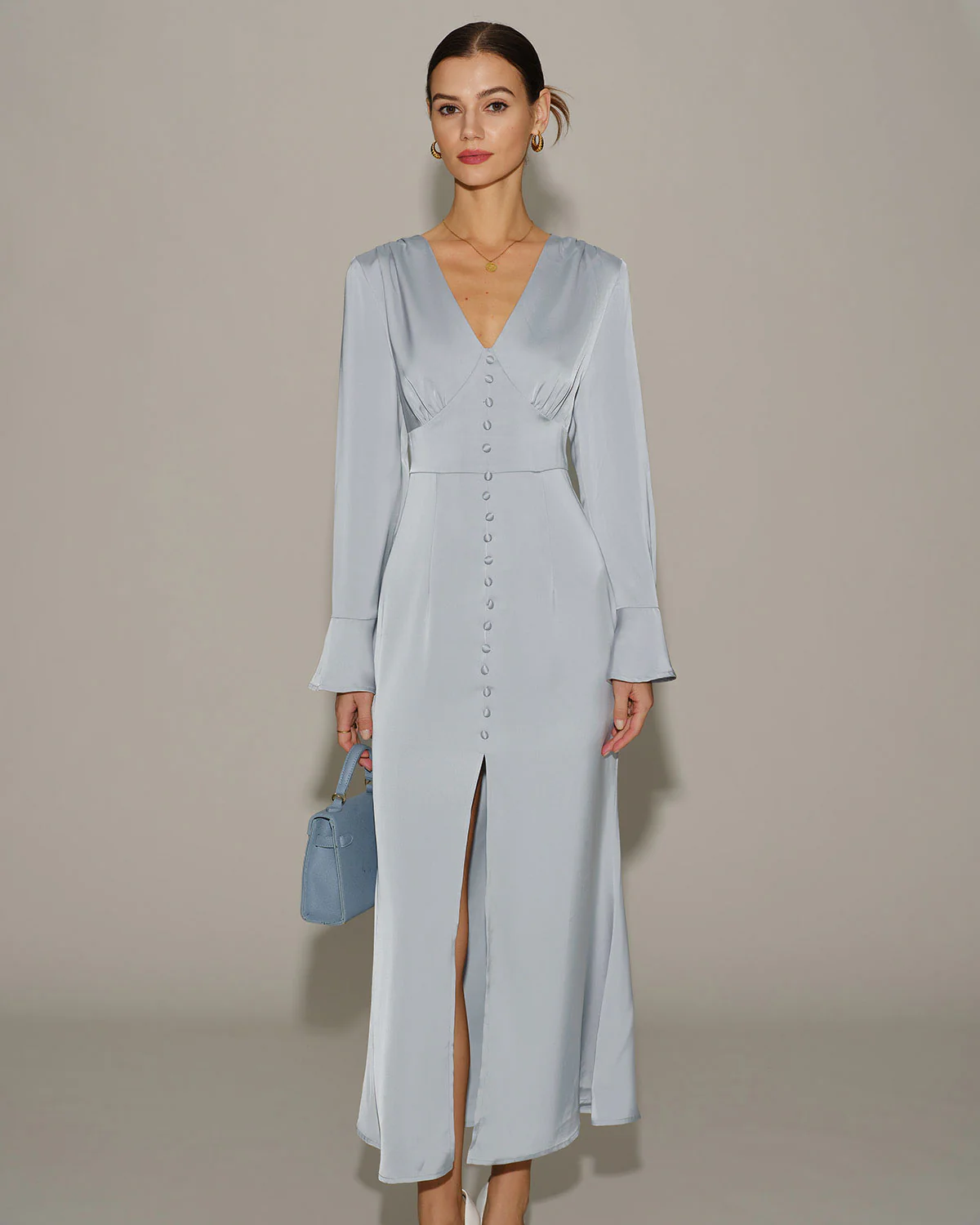Grey Satin Bell Sleeve Maxi Dress - Image 4