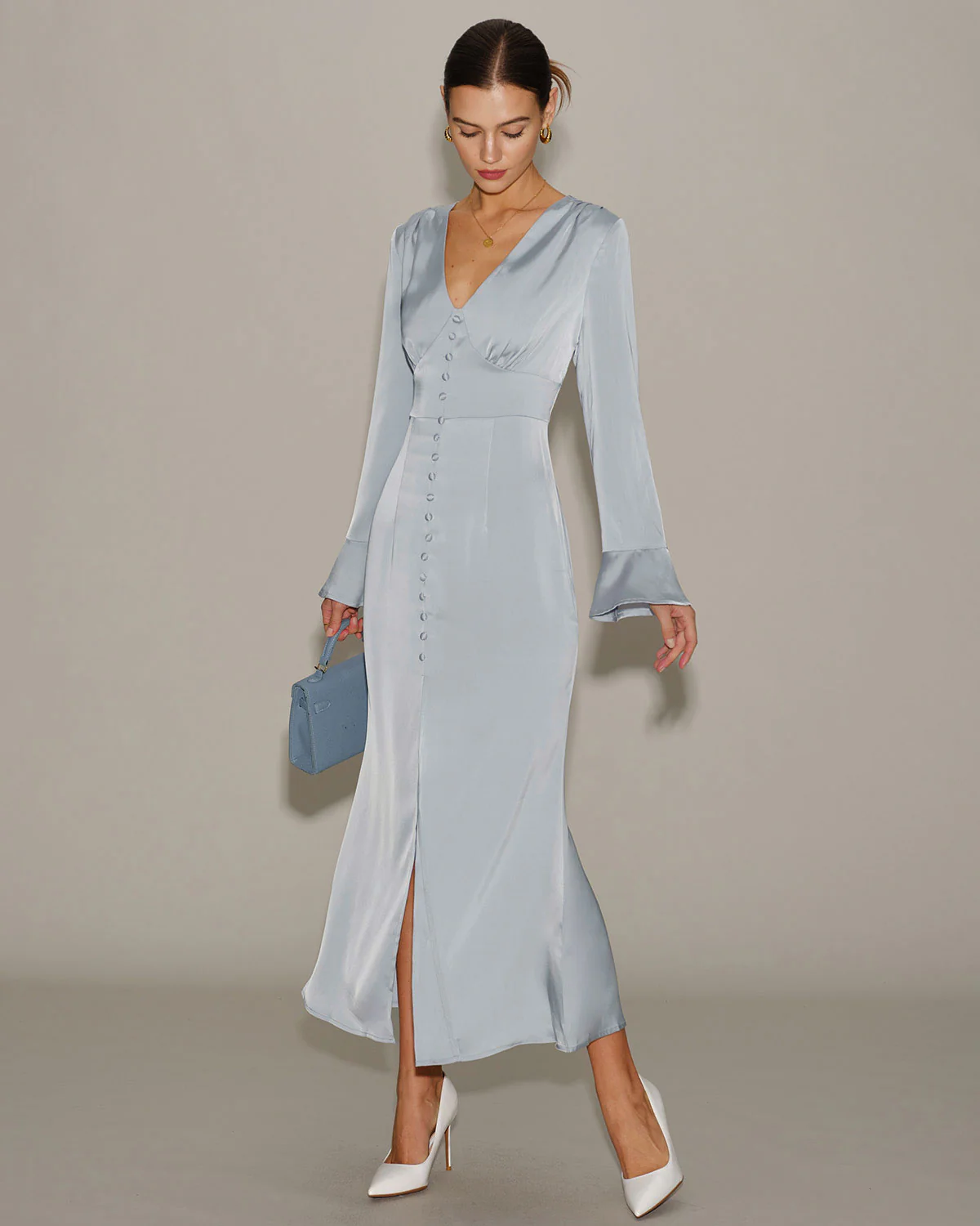 Grey Satin Bell Sleeve Maxi Dress - Image 5