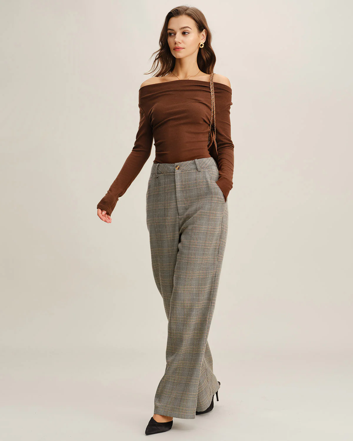 Khaki Plaid Straight Casual Pants - Image 3