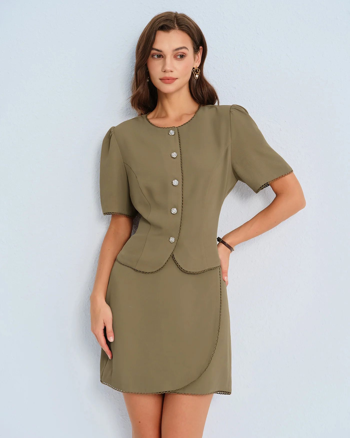 Khaki Puffed Sleeve Blouse - Image 2