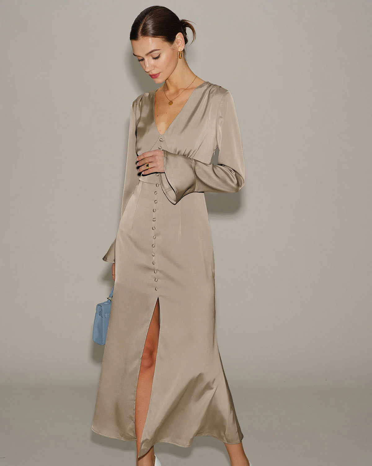 Khaki Satin V Neck Bell Sleeve Maxi Dress - Image 3