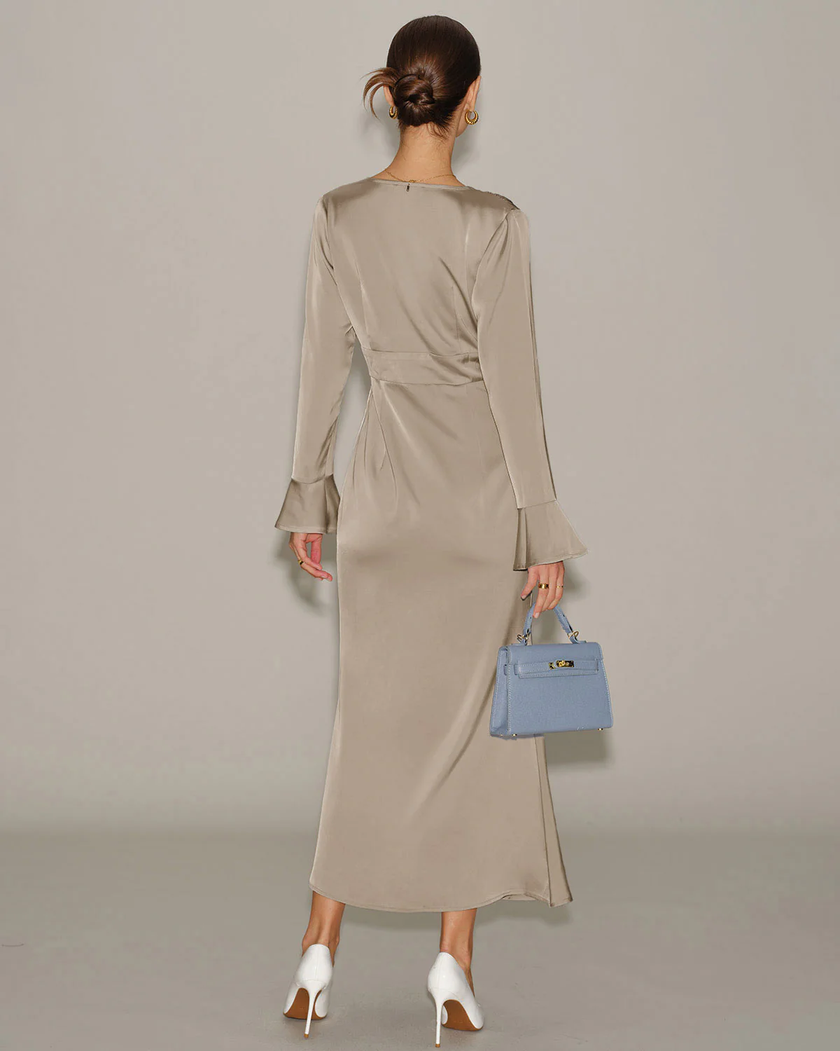 Khaki Satin V Neck Bell Sleeve Maxi Dress - Image 4