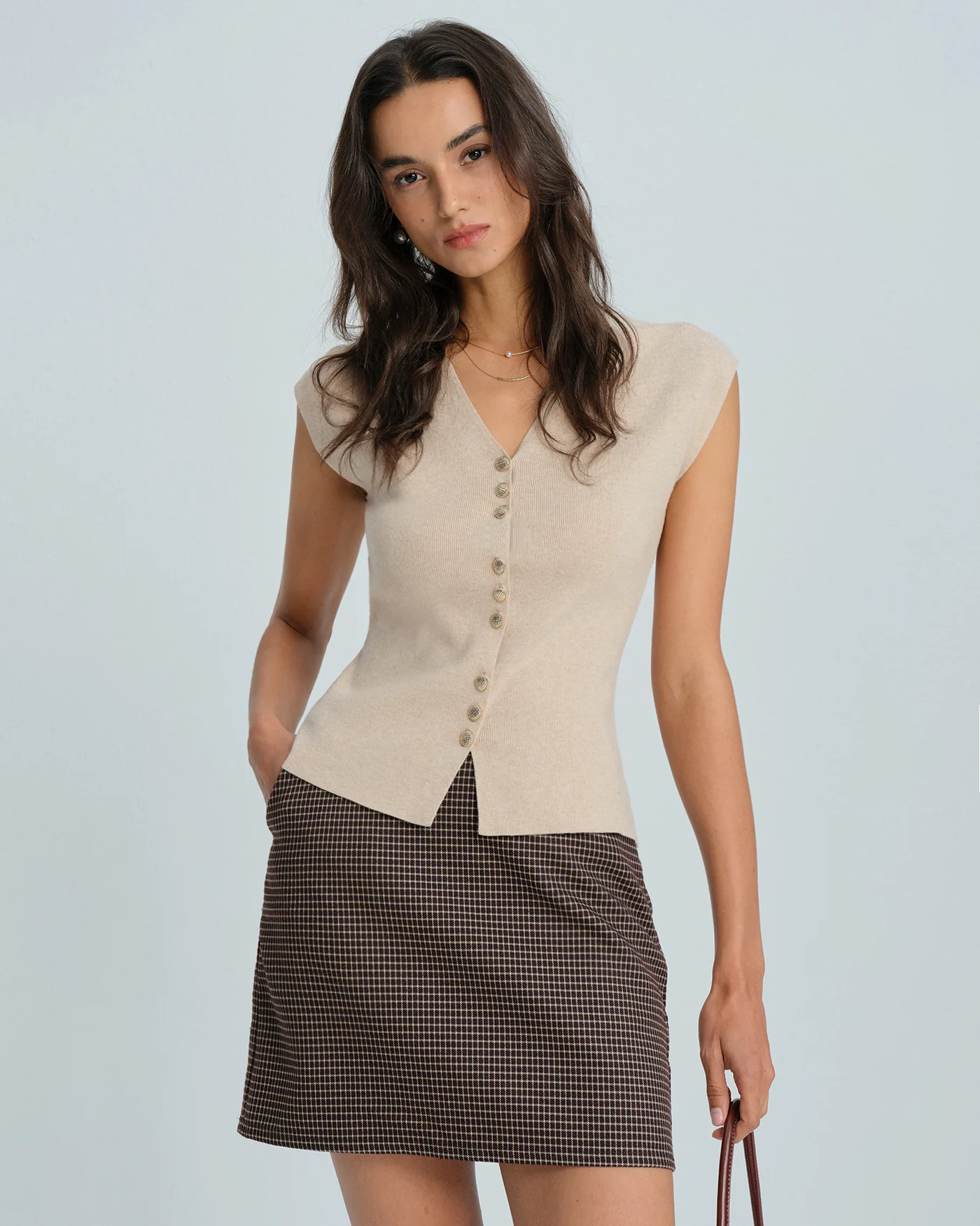 Khaki Single Breasted V Neck Cardigan - Image 2
