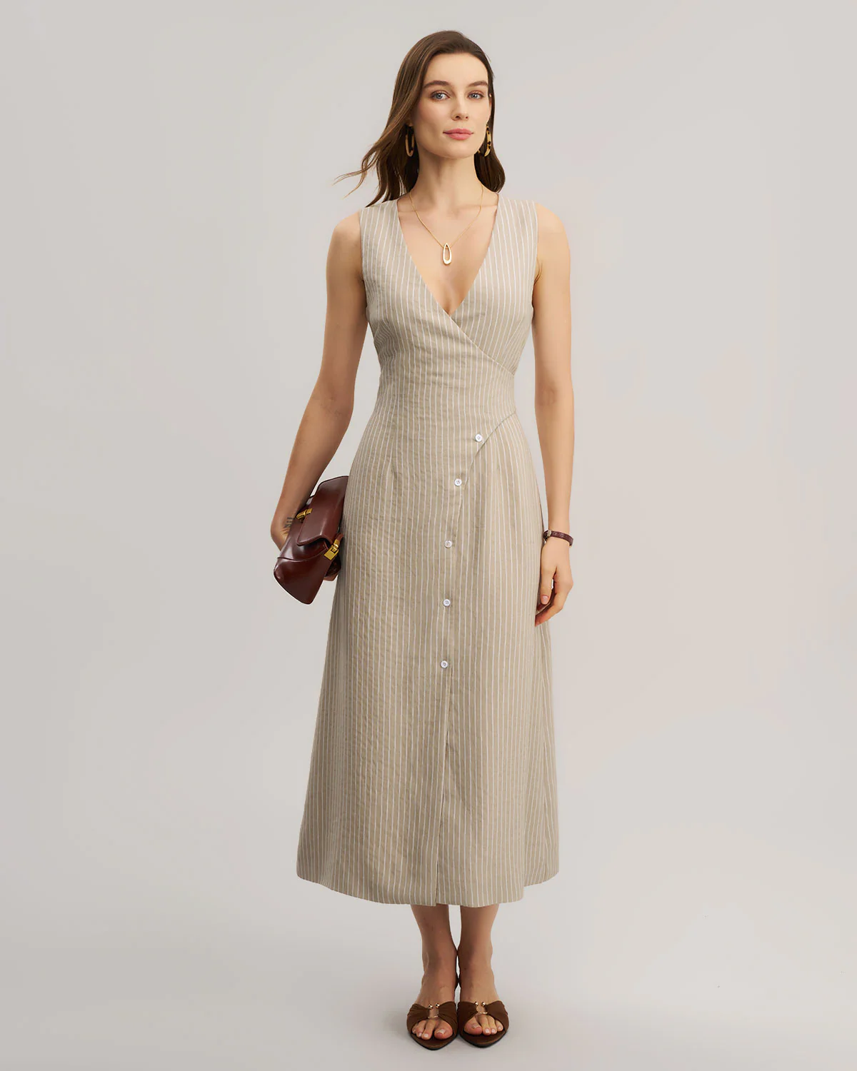 Khaki Striped V-Neck Sleeveless Maxi Dress