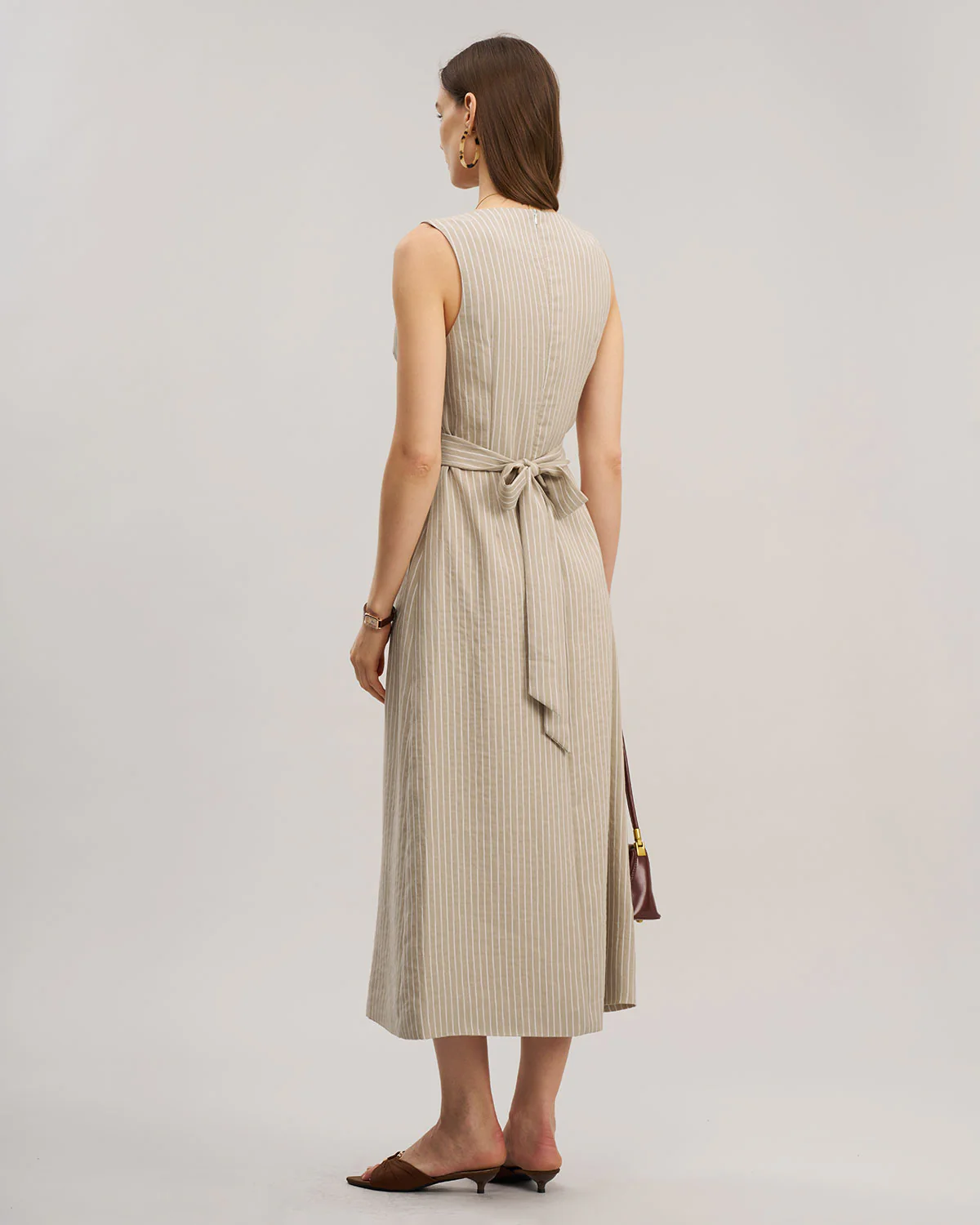 Khaki Striped V-Neck Sleeveless Maxi Dress - Image 2