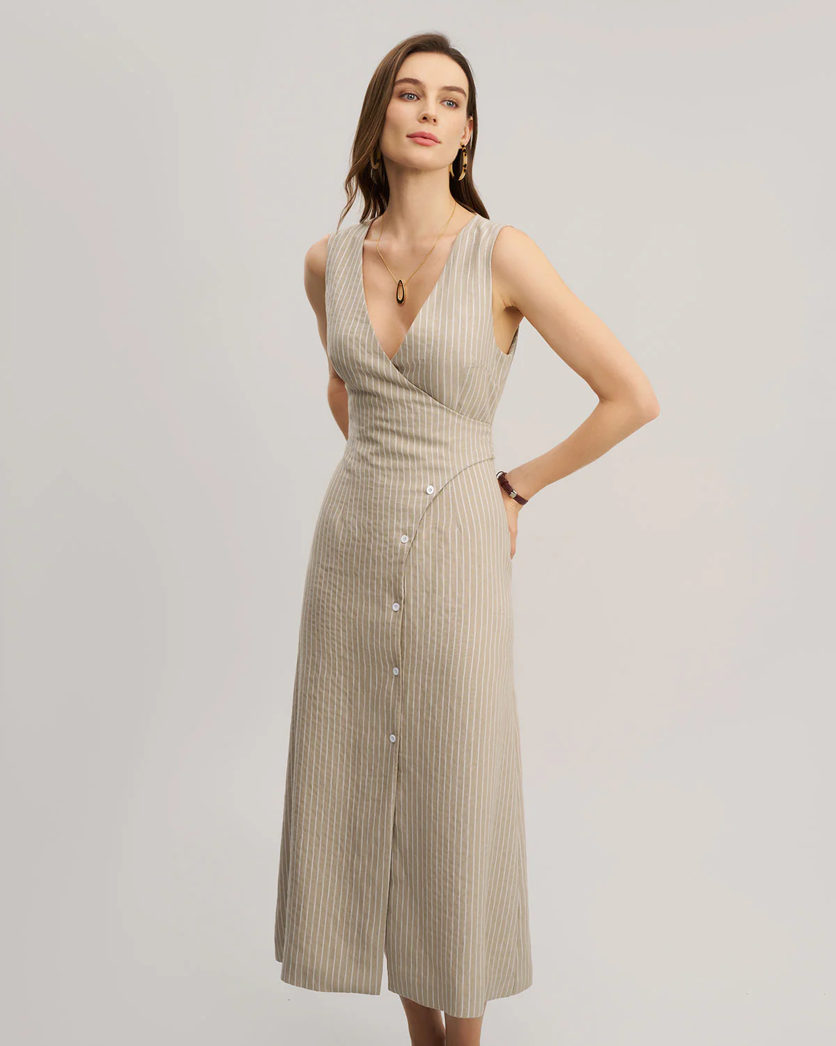 Khaki Striped V-Neck Sleeveless Maxi Dress - Image 3
