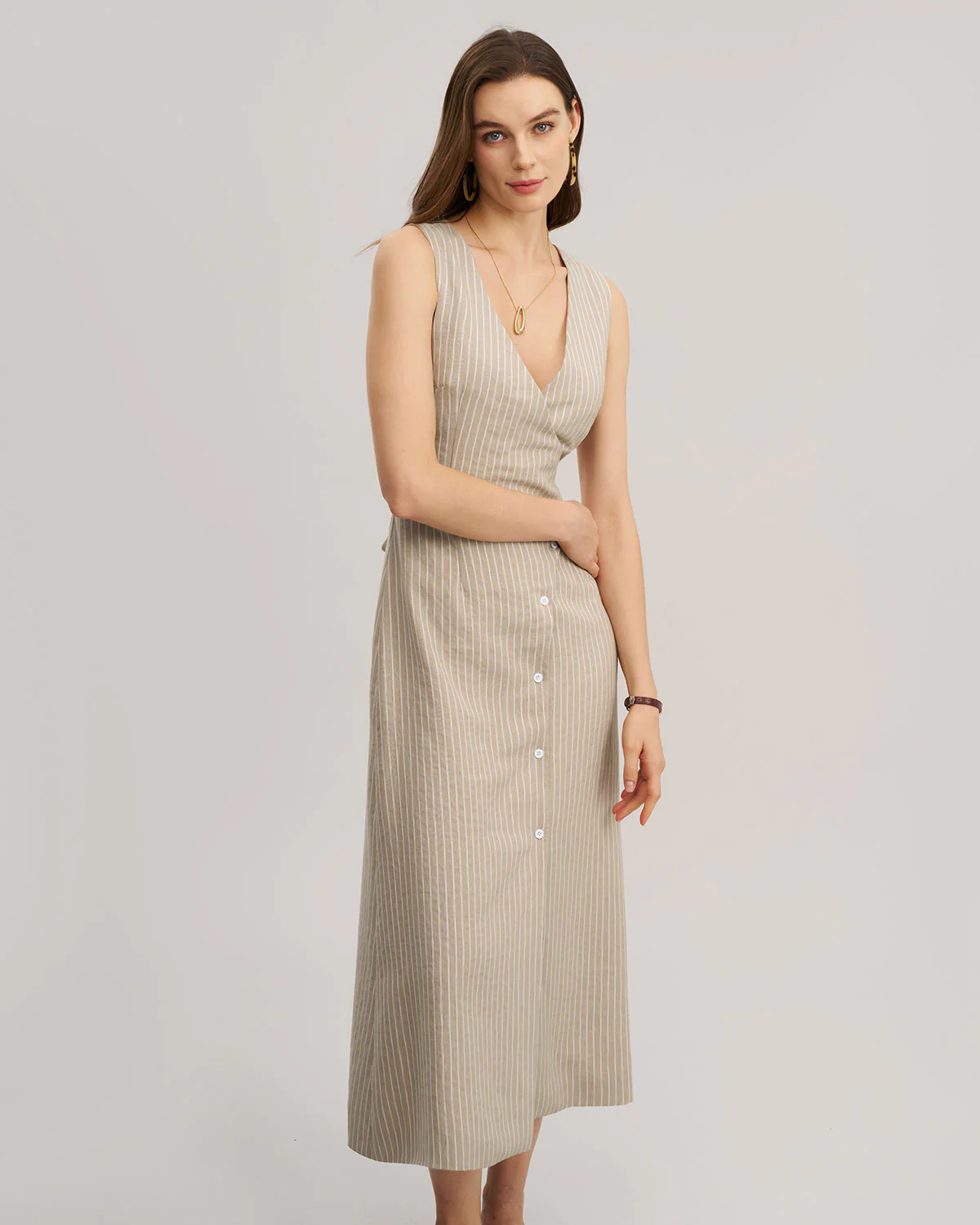 Khaki Striped V-Neck Sleeveless Maxi Dress - Image 5