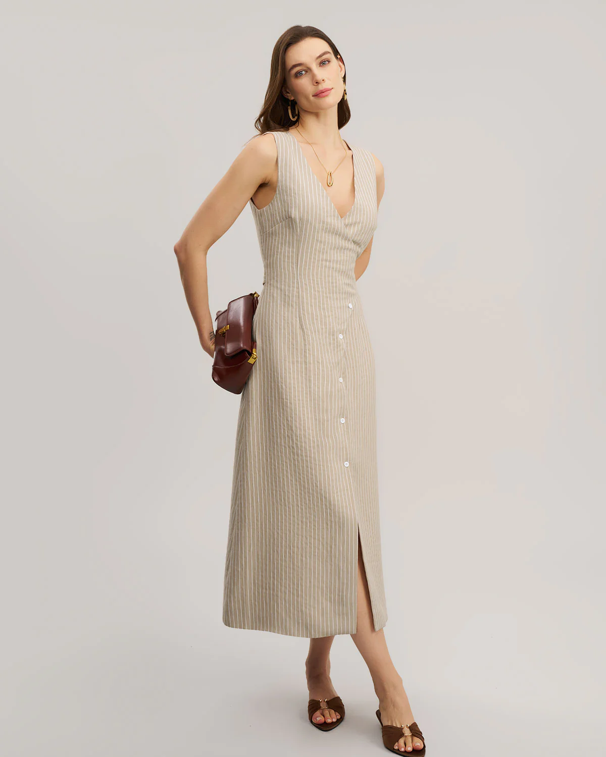 Khaki Striped V-Neck Sleeveless Maxi Dress - Image 6