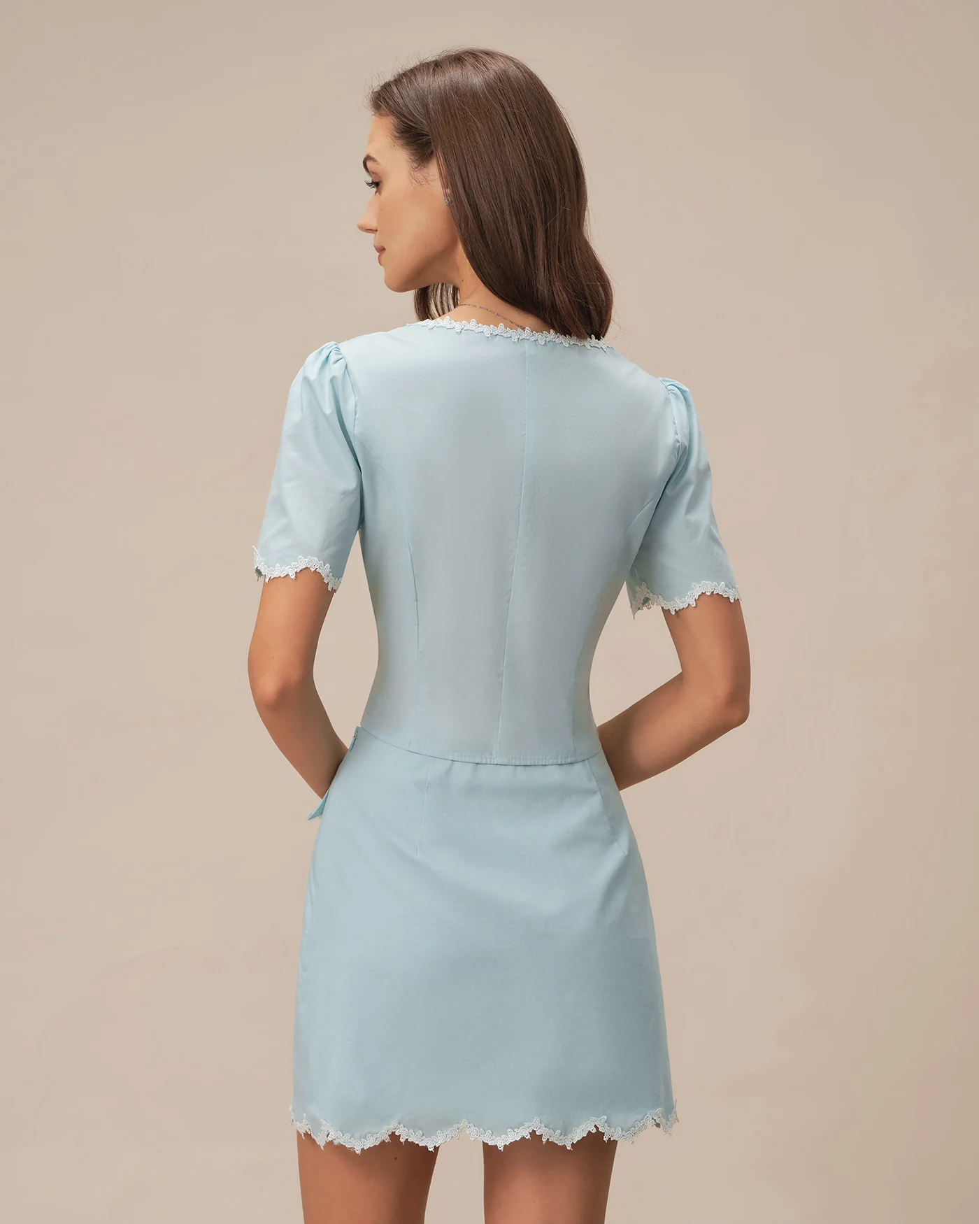Light Blue Lace Button Square Neck Shirt - Image 3
