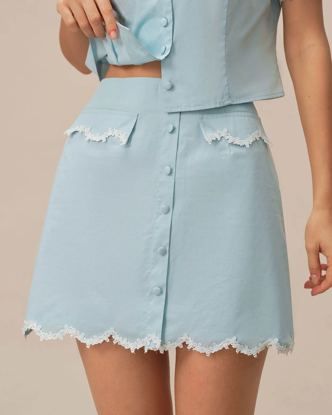 Light Blue Lace Pocket Button Mini Skirt - Image 2