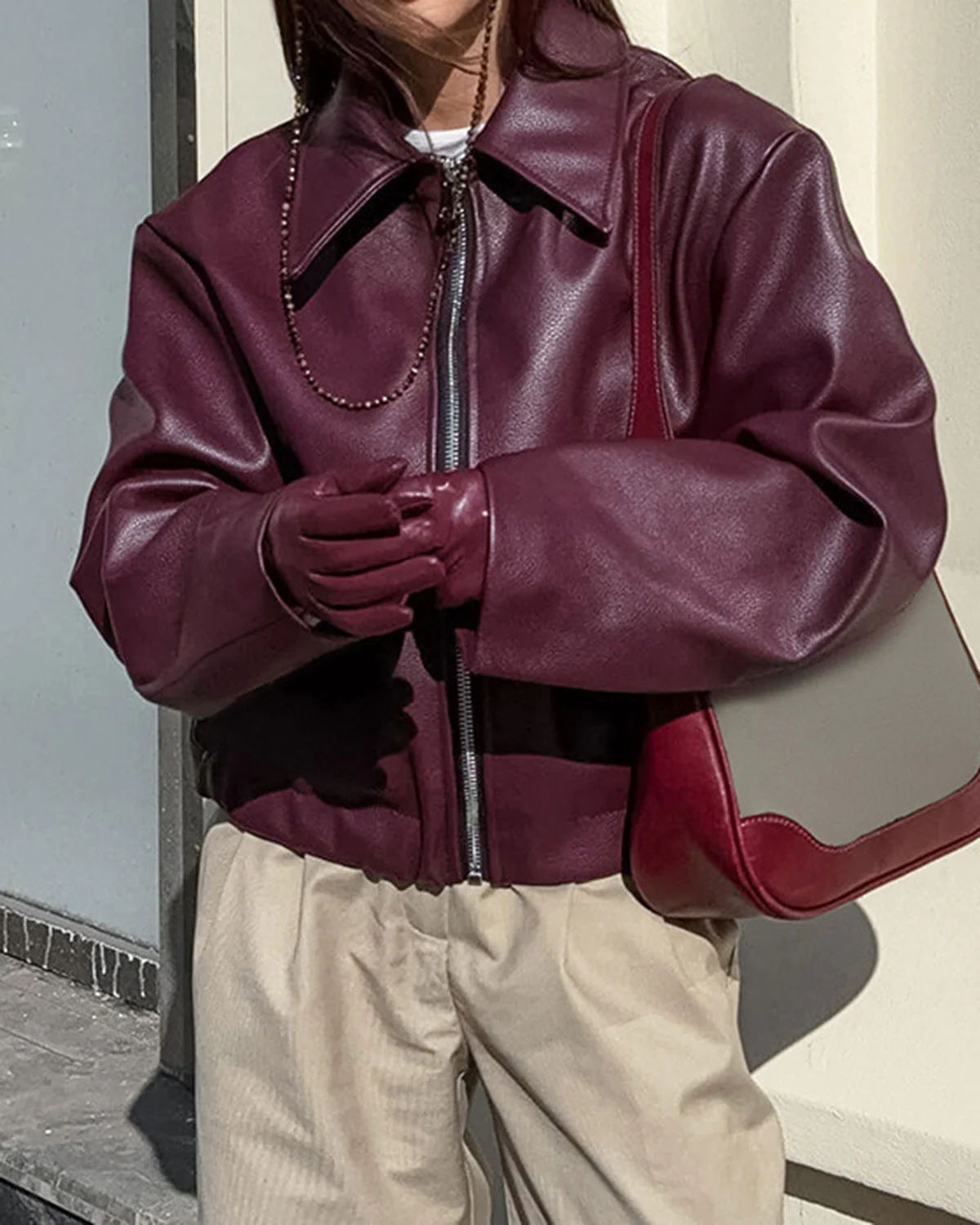 Maroon PU Leather Jacket - Image 2