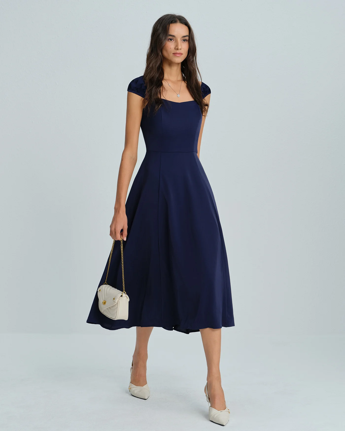 Navy A-Line Cap Sleeve Midi Dress - Image 3