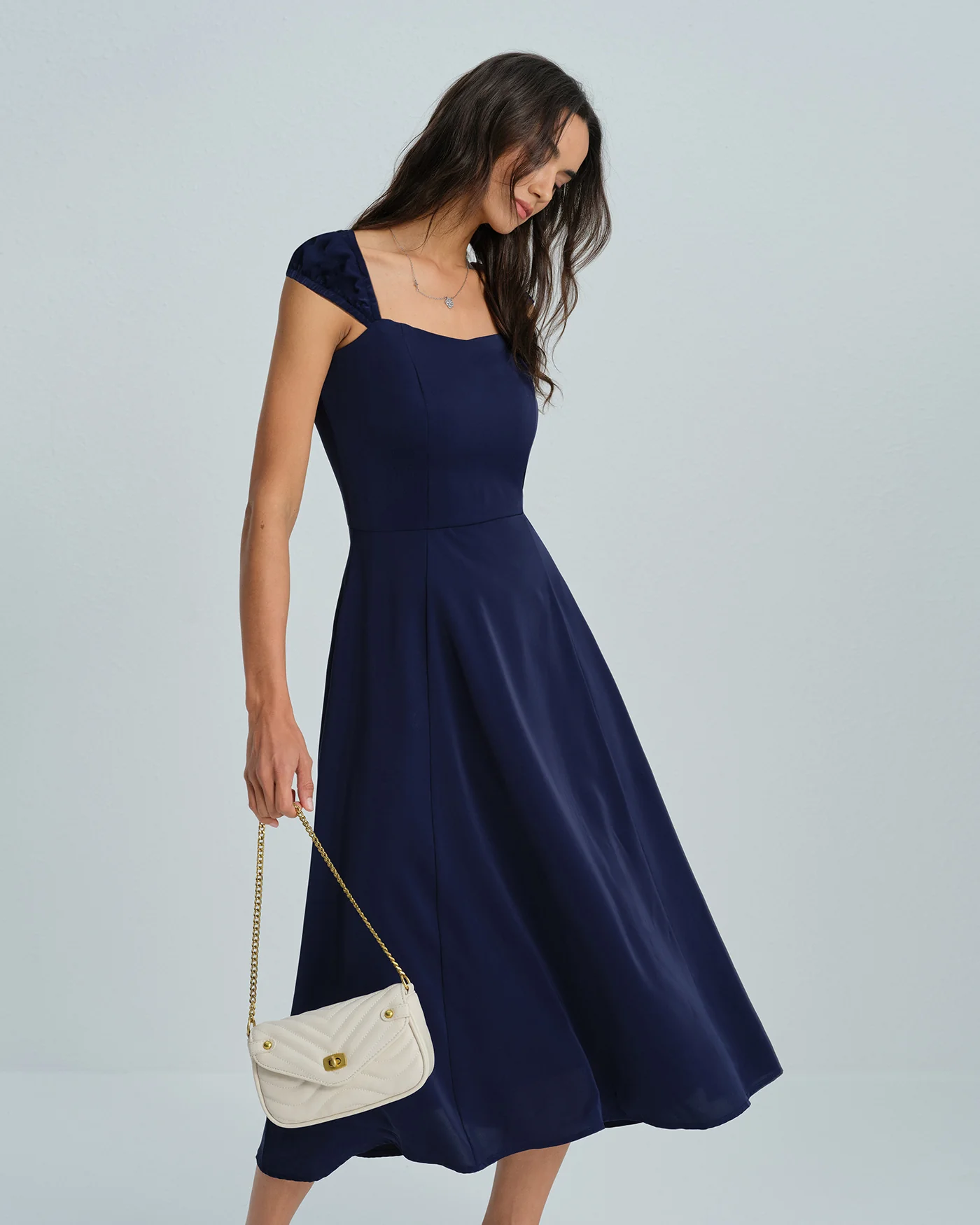 Navy A-Line Cap Sleeve Midi Dress - Image 4