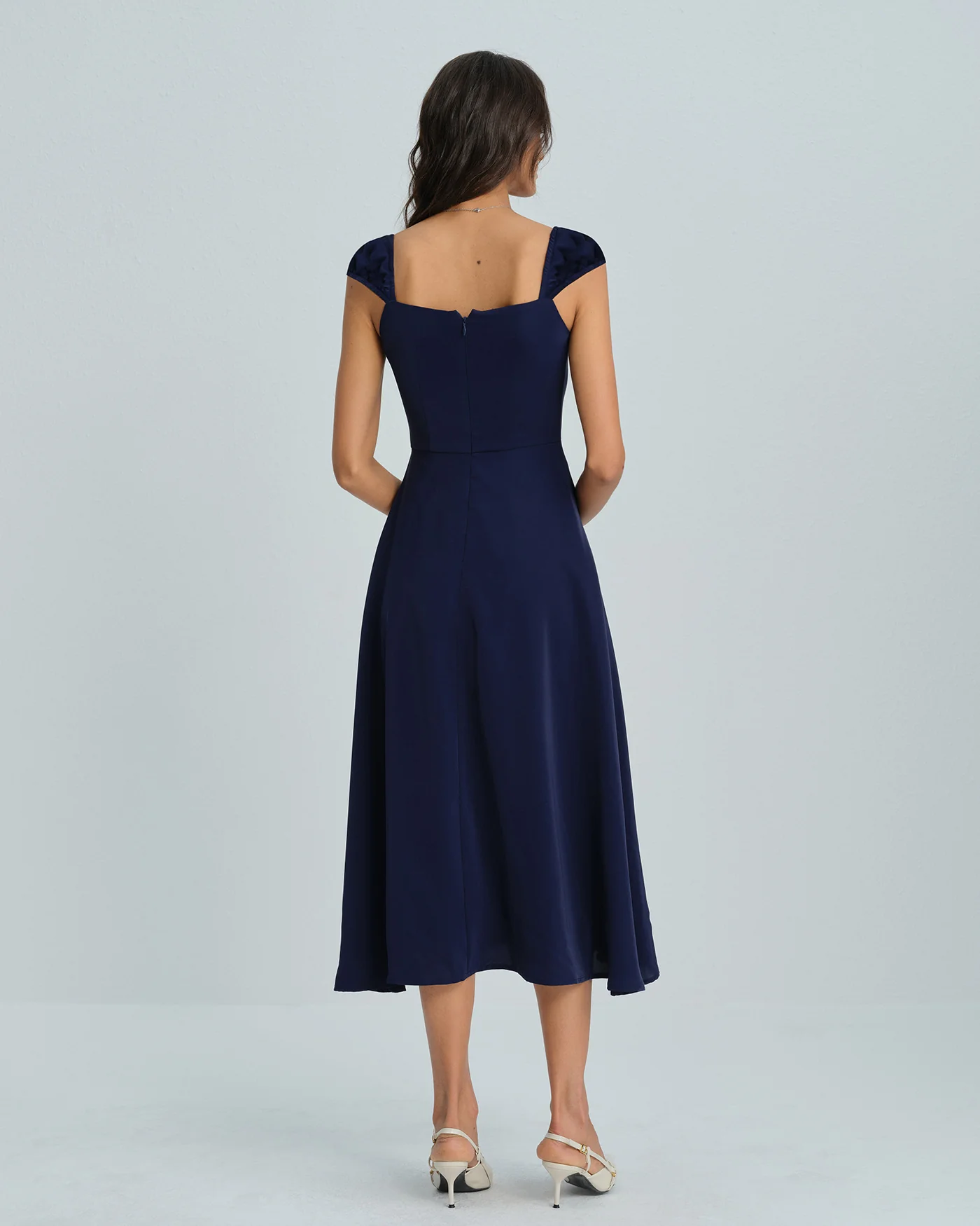 Navy A-Line Cap Sleeve Midi Dress - Image 5