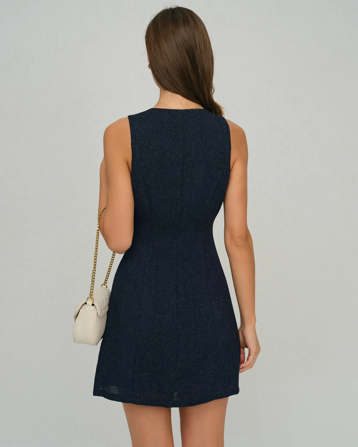 Navy Button A-Line Mini Dress - Image 3