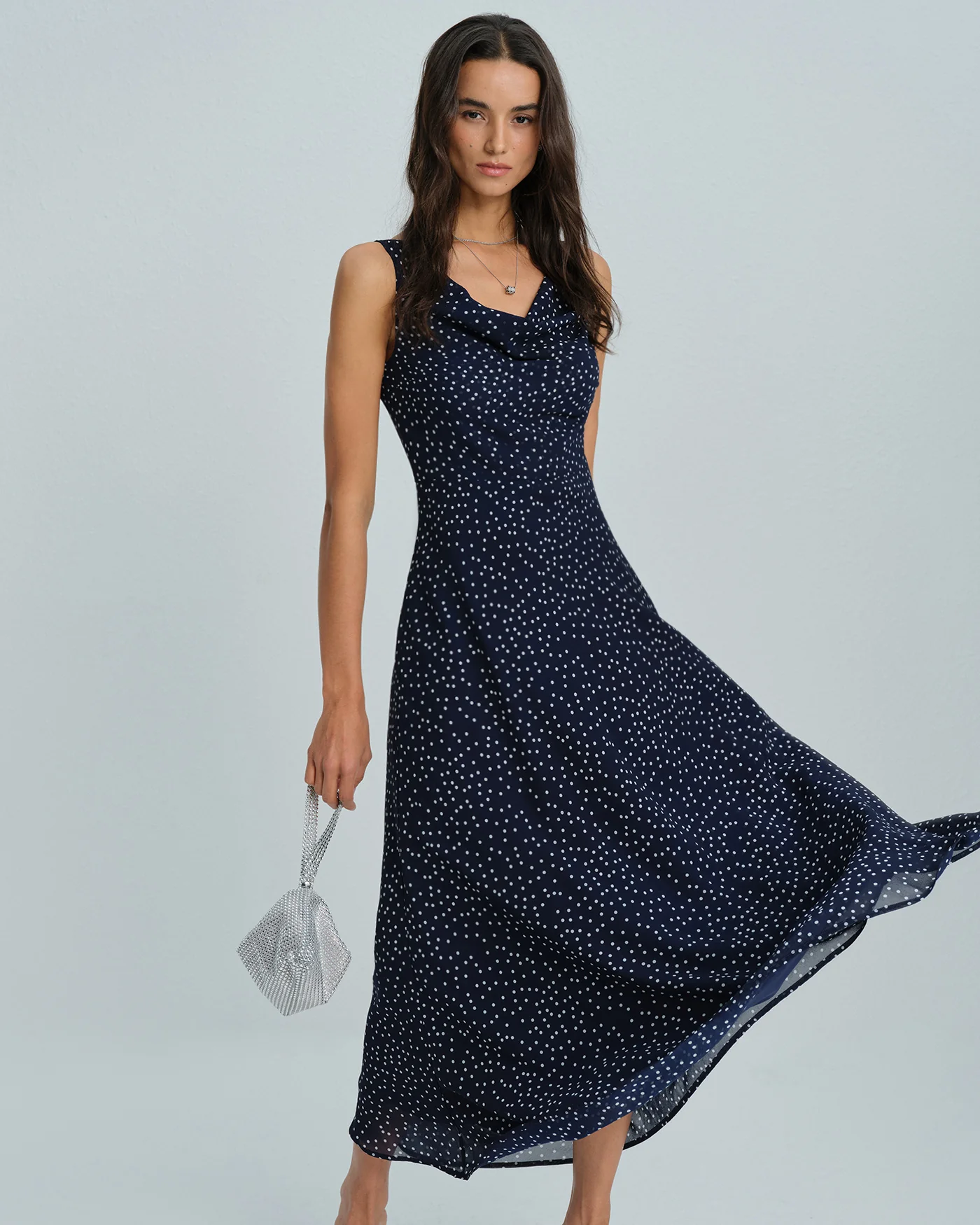 Navy Cowl Neck Polka Dot Maxi Dress - Image 2