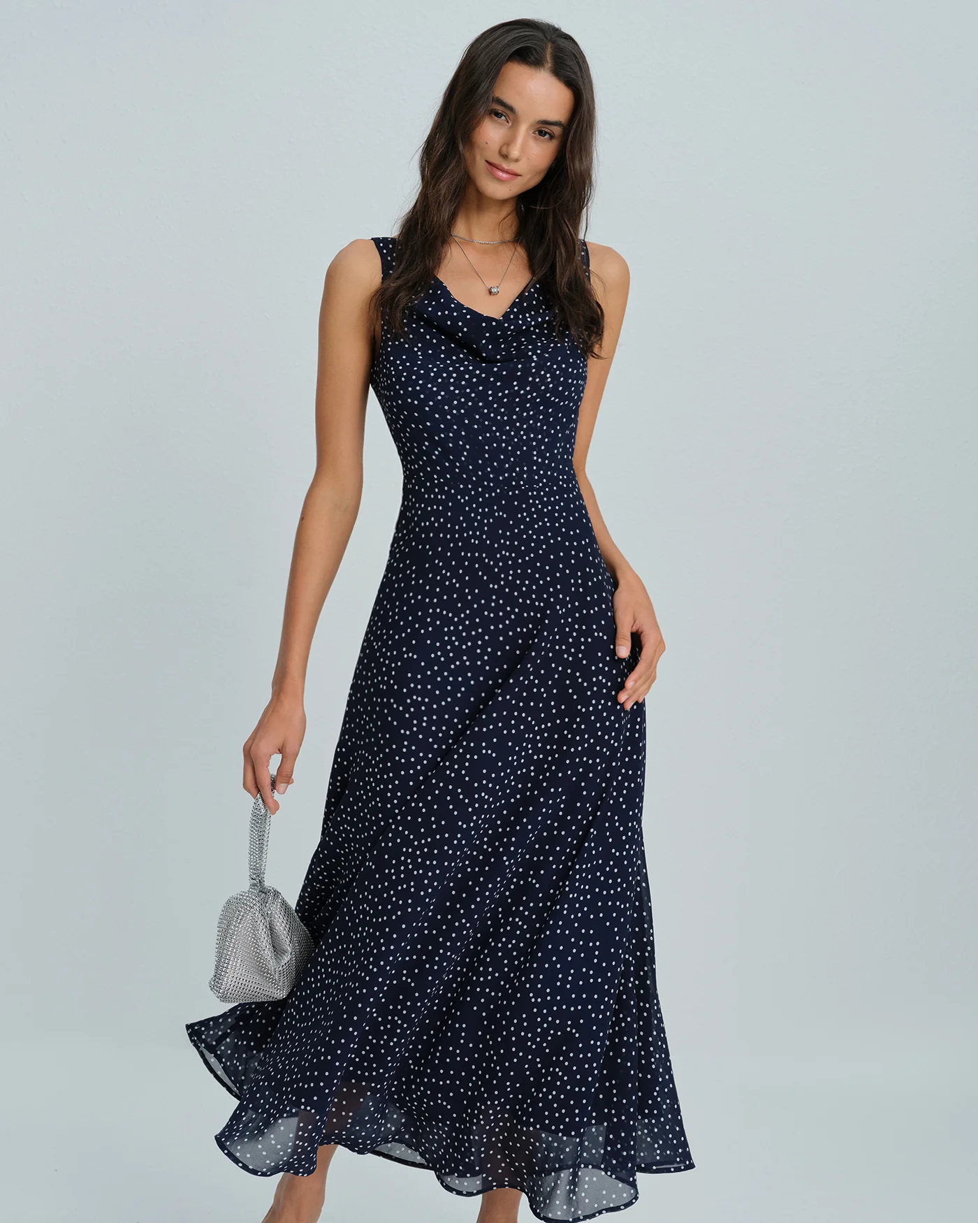 Navy Cowl Neck Polka Dot Maxi Dress - Image 4