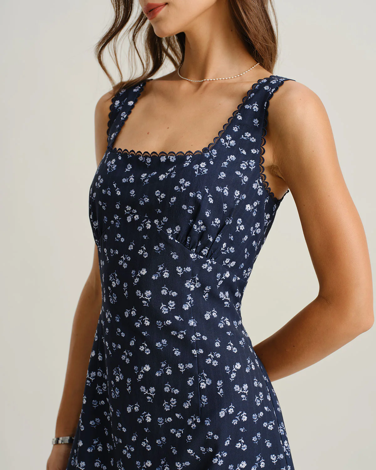 Navy Floral Square Neck Slip Mini Dress - Image 2