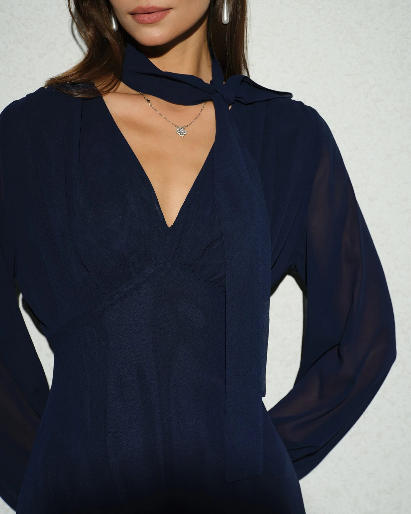 Navy Lantern Sleeve V Neck Midi Dress - Image 2