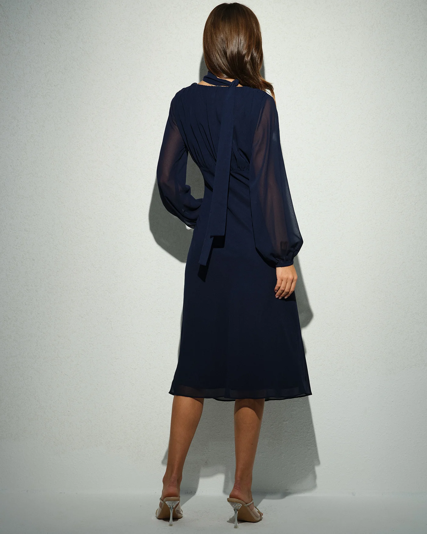 Navy Lantern Sleeve V Neck Midi Dress - Image 6