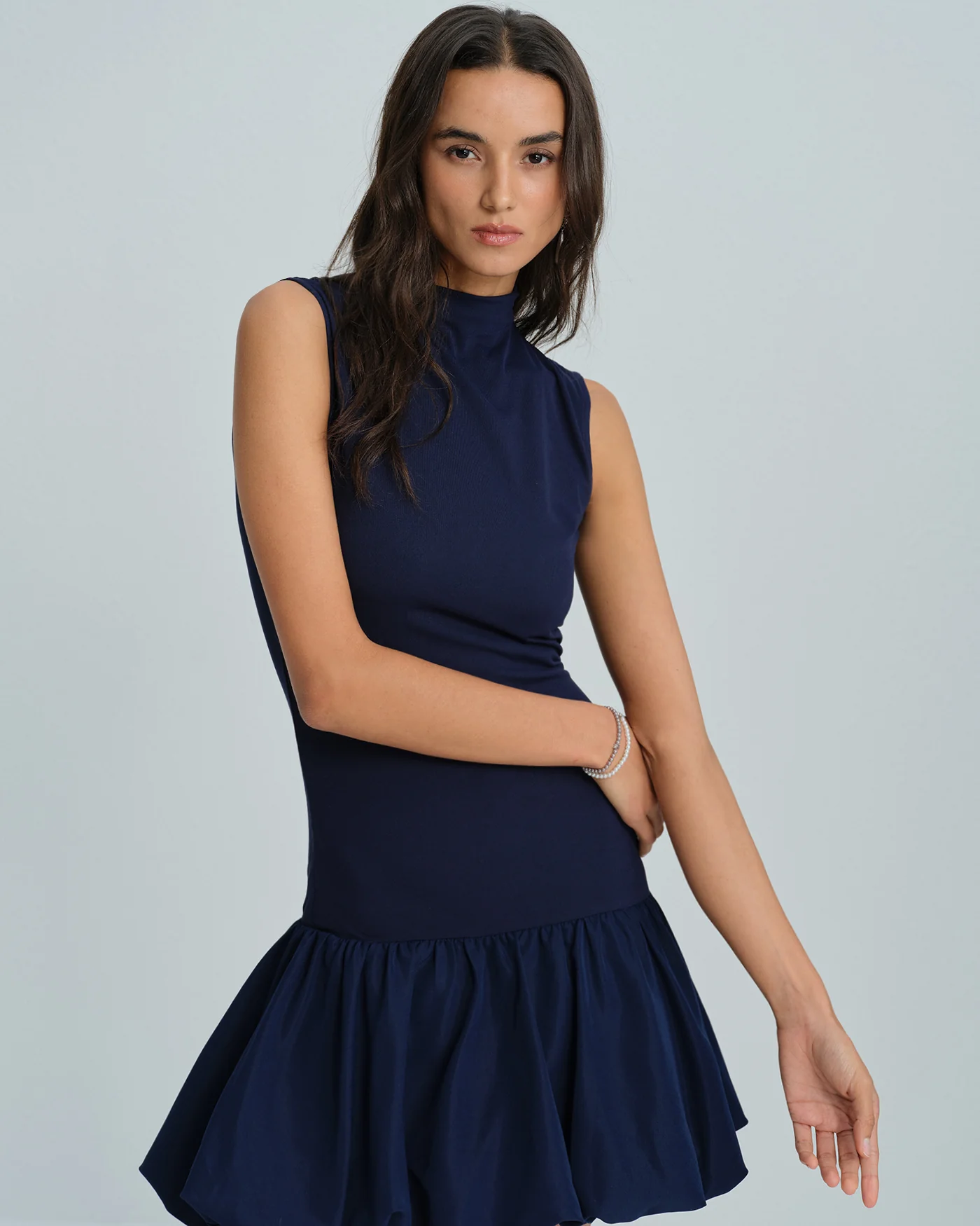 Navy Mock Neck Ruched Mini Dress - Image 5