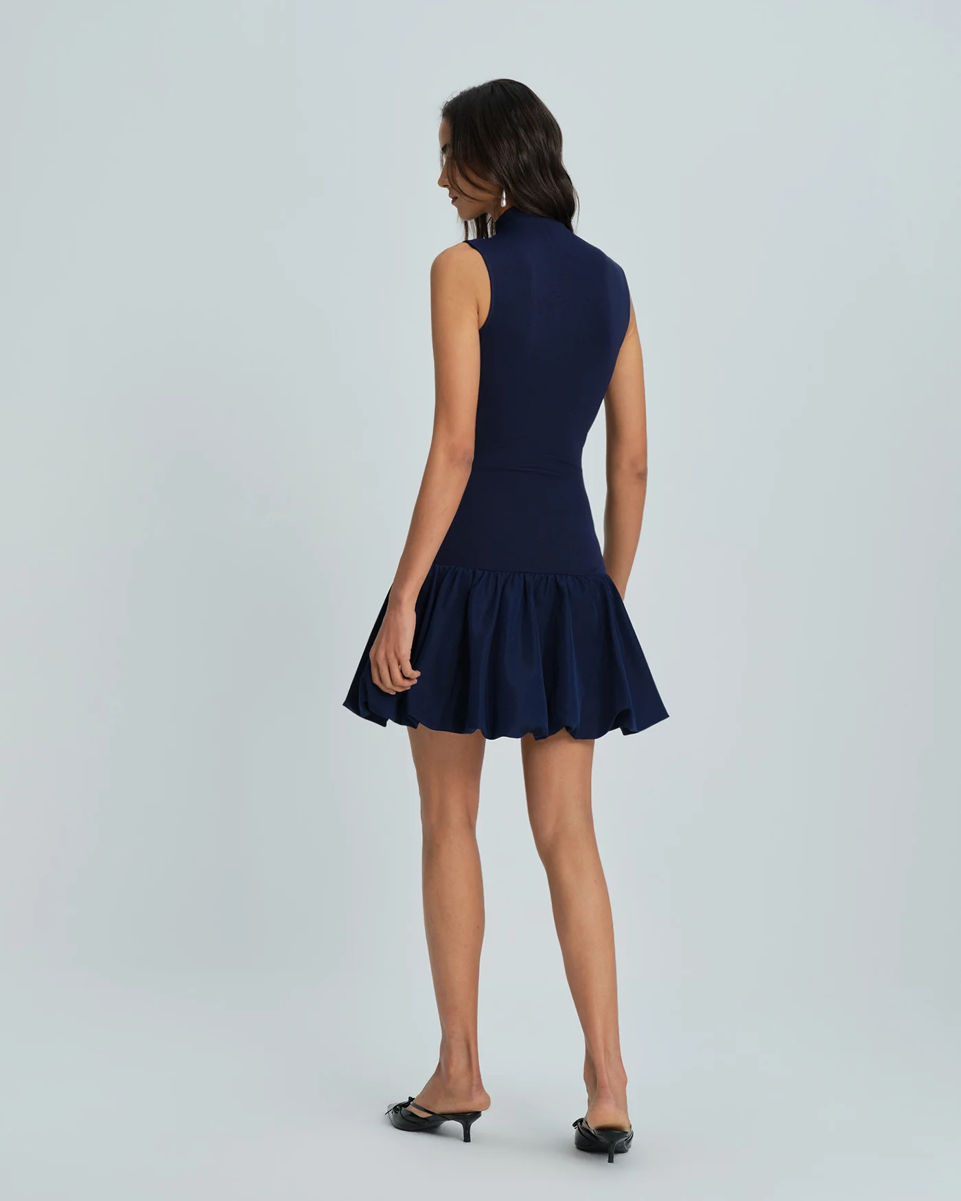Navy Mock Neck Ruched Mini Dress - Image 6