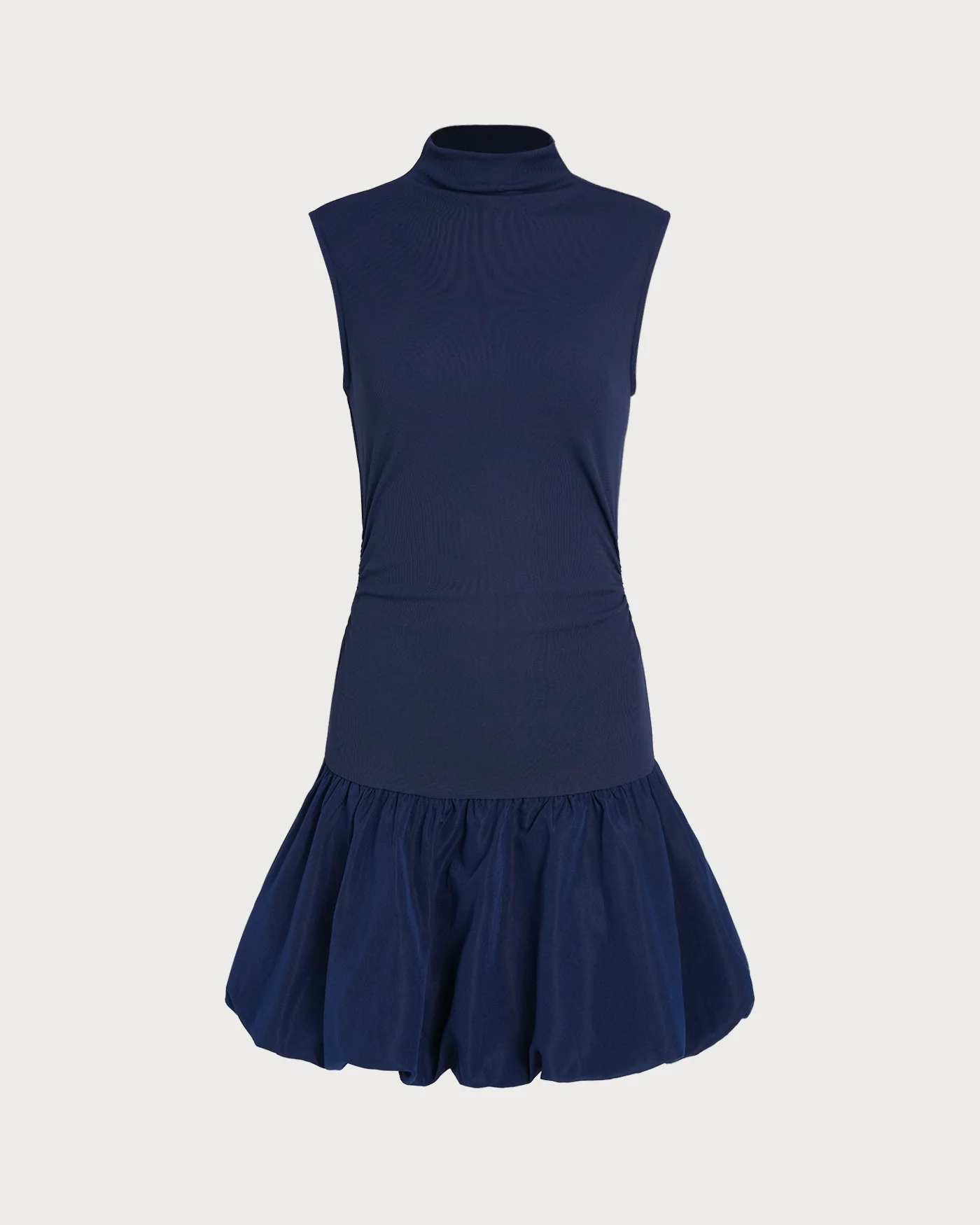 Navy Mock Neck Ruched Mini Dress - Image 7