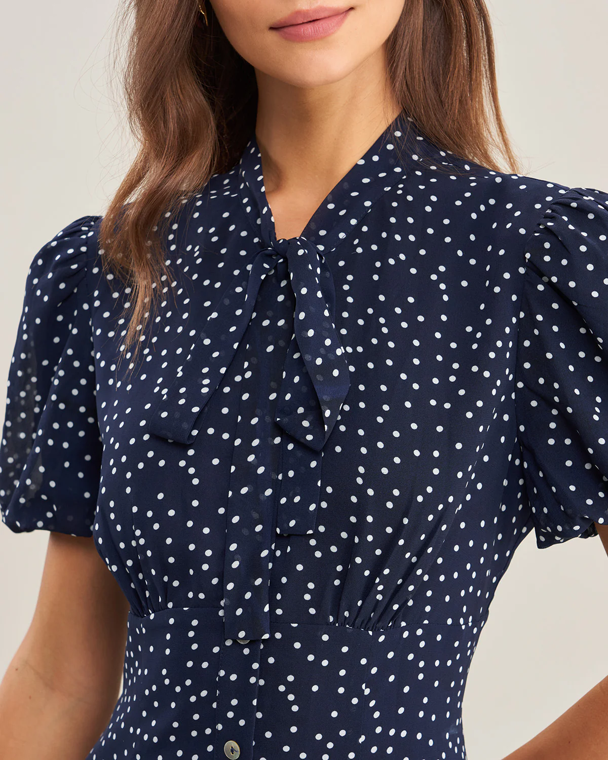 Navy Polka Dot Mock Neck Midi Dress - Image 2