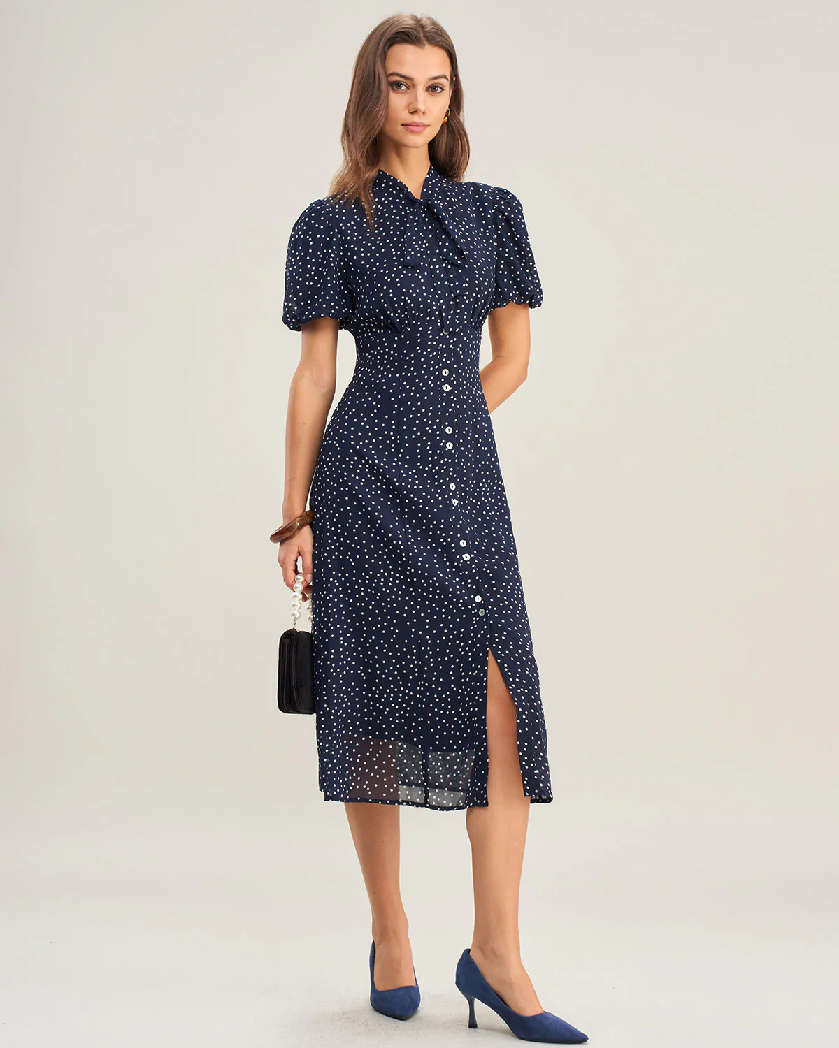 Navy Polka Dot Mock Neck Midi Dress - Image 3