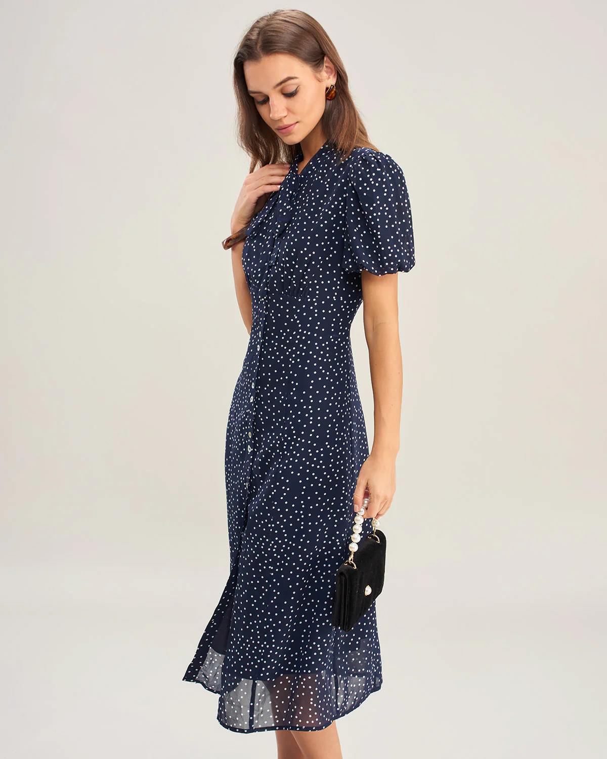Navy Polka Dot Mock Neck Midi Dress - Image 4