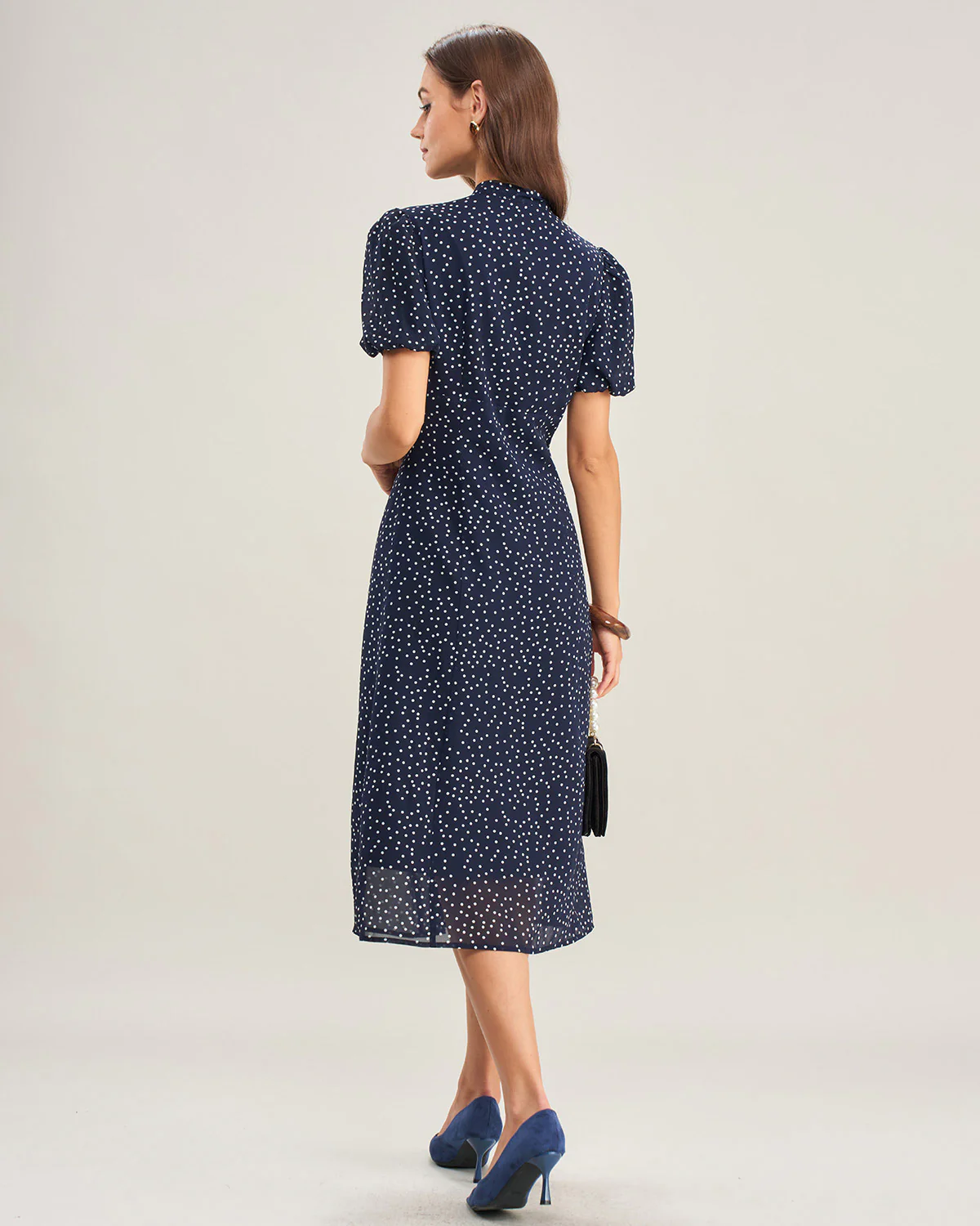 Navy Polka Dot Mock Neck Midi Dress - Image 5