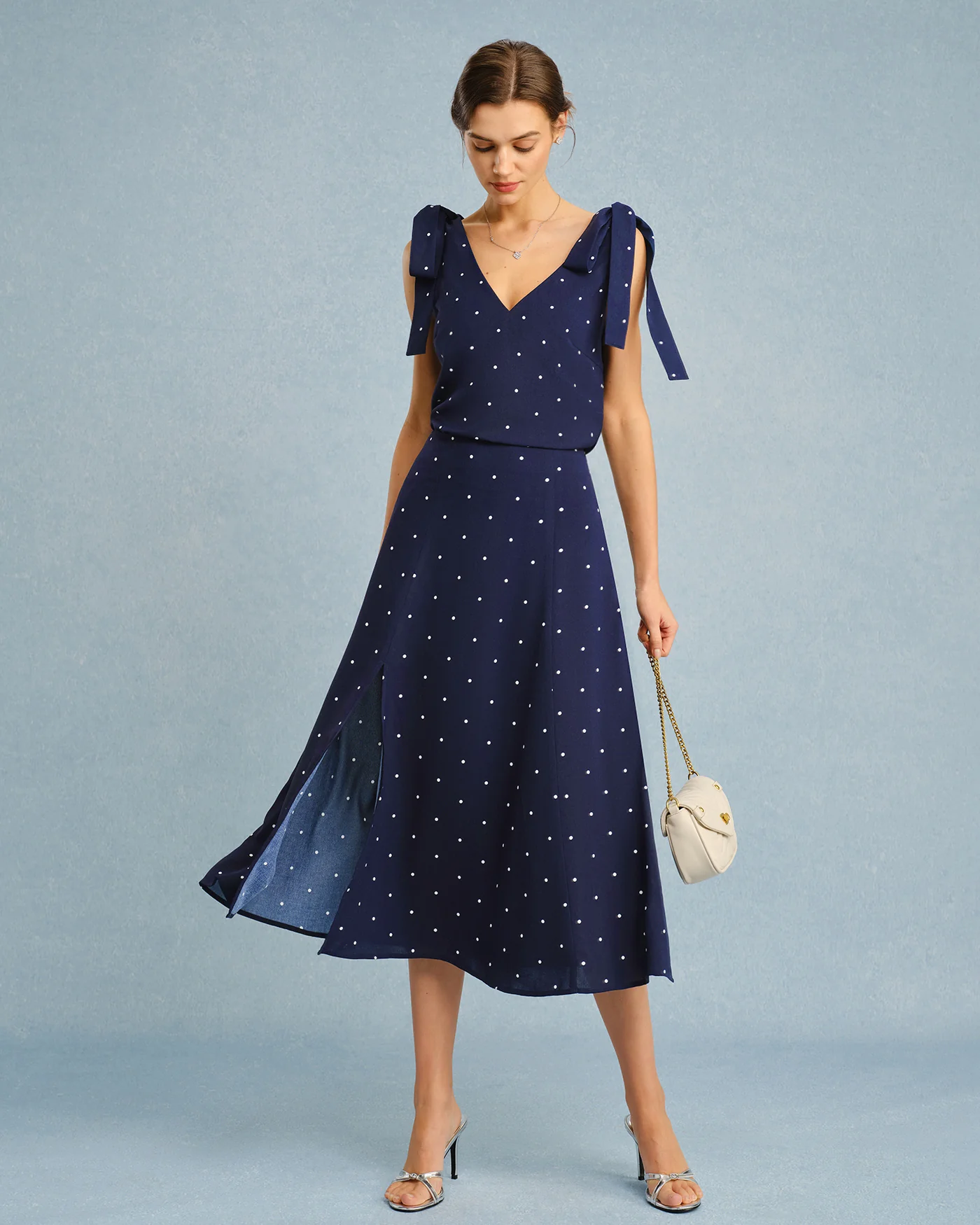 Navy Polka Dot Slit Midi Skirt - Image 4