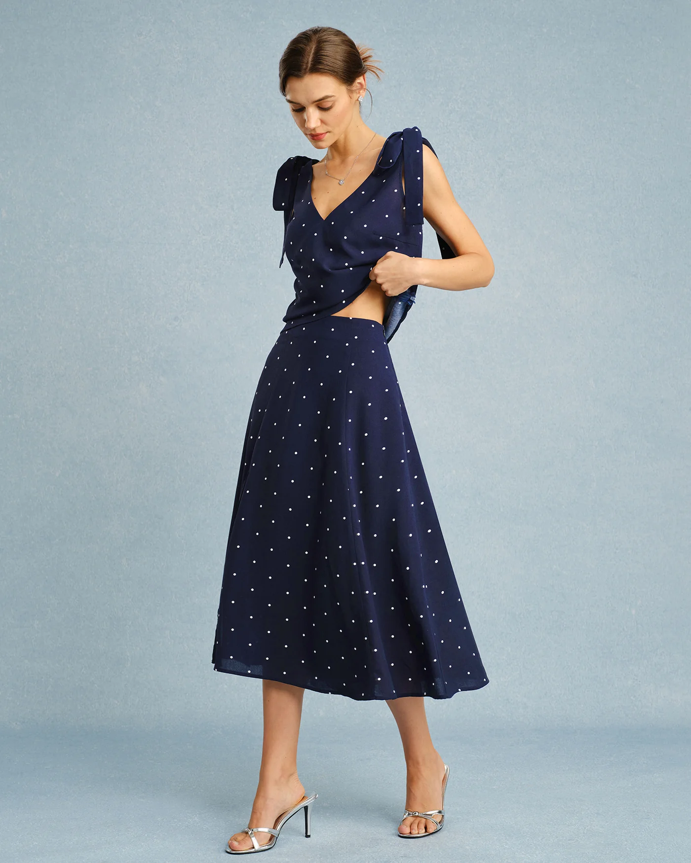 Navy Polka Dot Slit Midi Skirt - Image 5