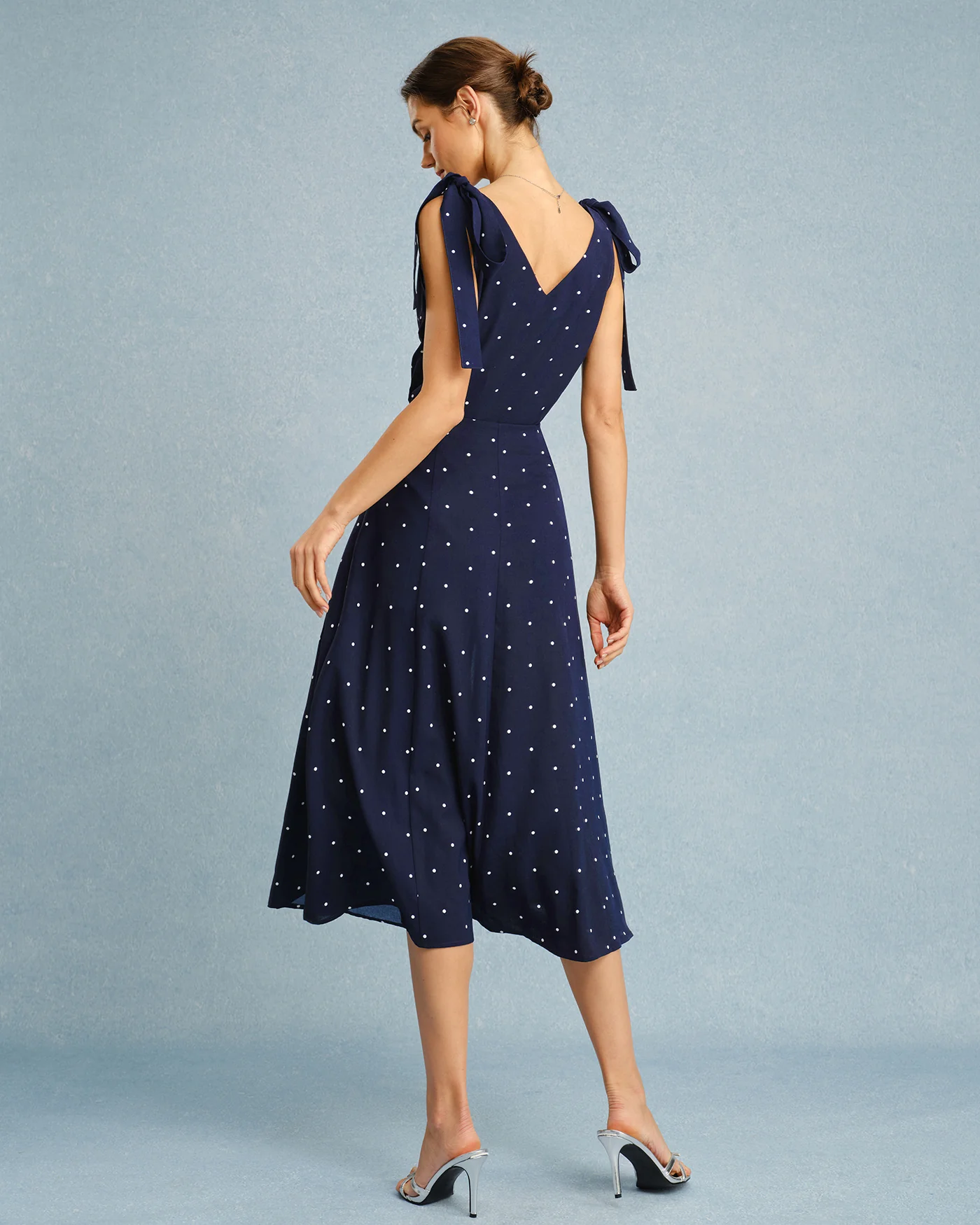 Navy Polka Dot Slit Midi Skirt - Image 6