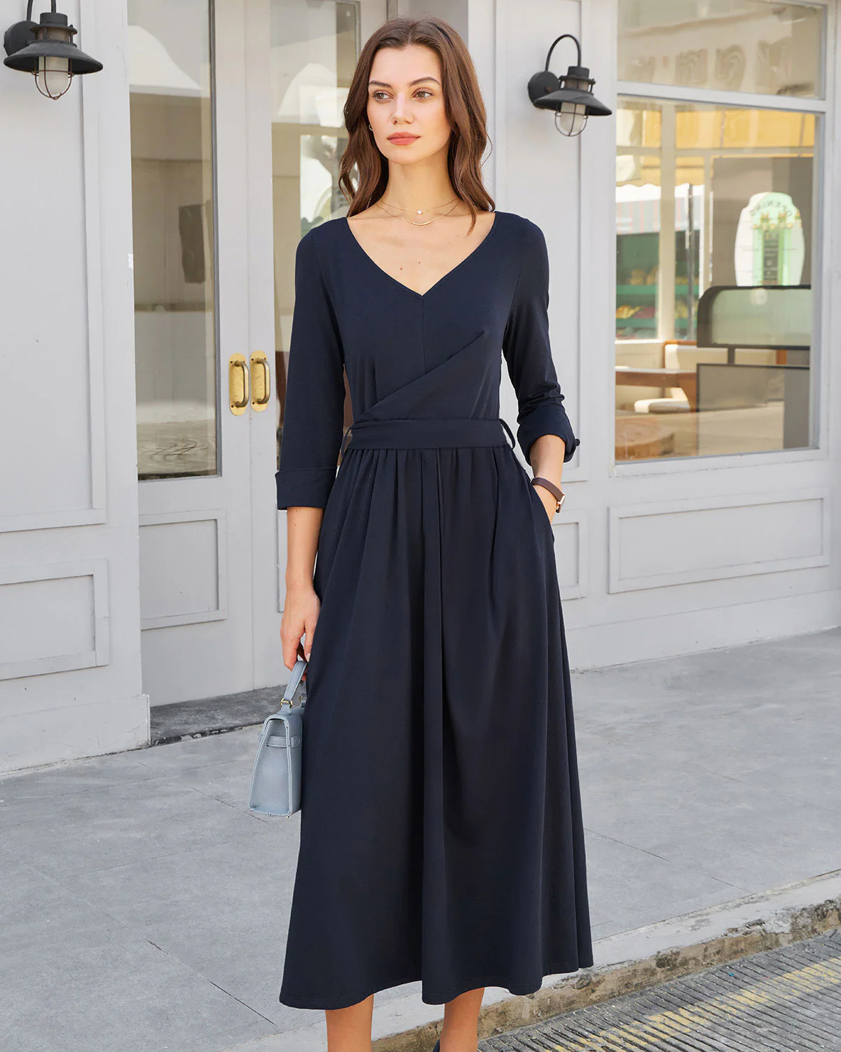 Navy Ruched Tie Waist Maxi Dress - Image 2