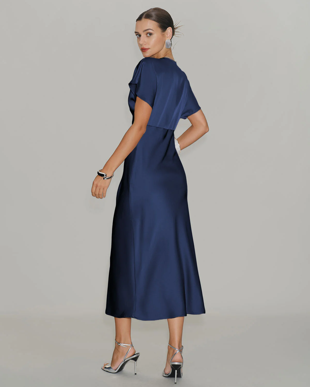 Navy Satin Cowl Sleeve Midi Dress - Image 5