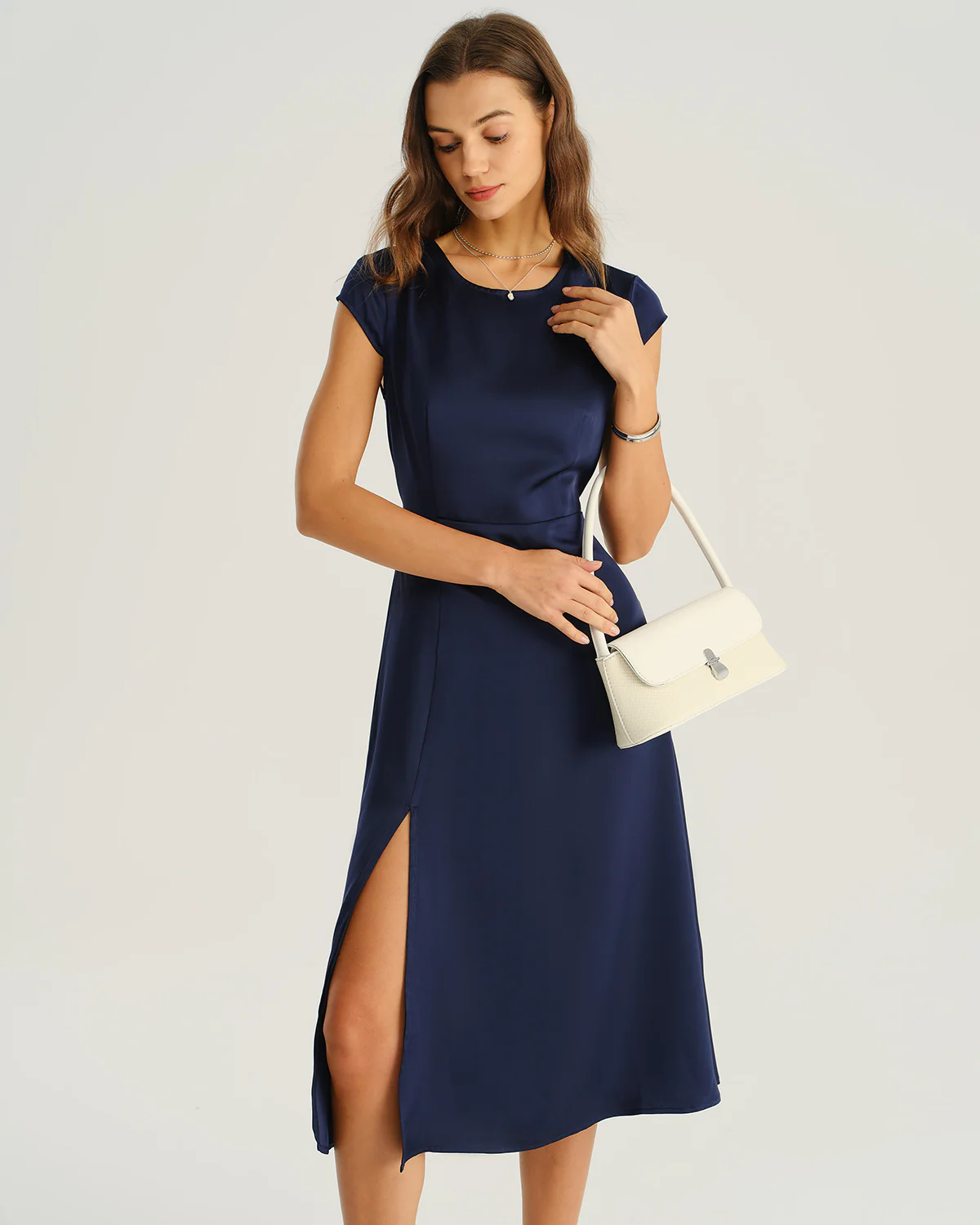 Navy Satin Cut Out Slit Midi Dress