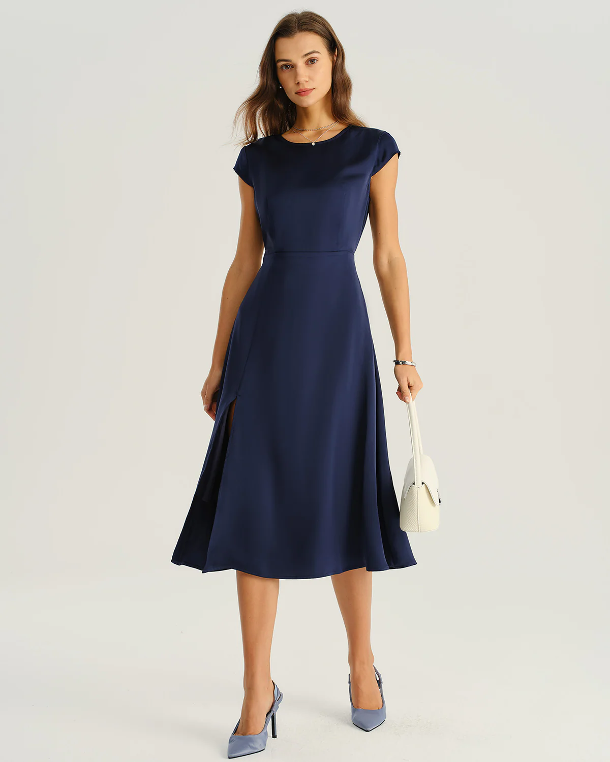 Navy Satin Cut Out Slit Midi Dress - Image 2