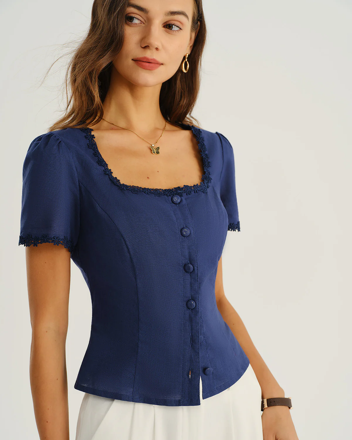 Navy Square Neck Button Blouse - Image 2